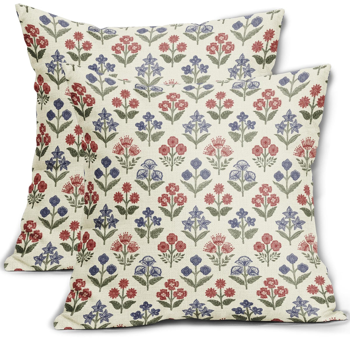 Blue Green Block Print Pillow Covers 18x18 Inch Set of 2, Vintage Floral Spring Decorative Throw Pillow Cases Boho Cushion Covers Rustic Decoration Gift Farmhouse Sofa Couch Bed Decor