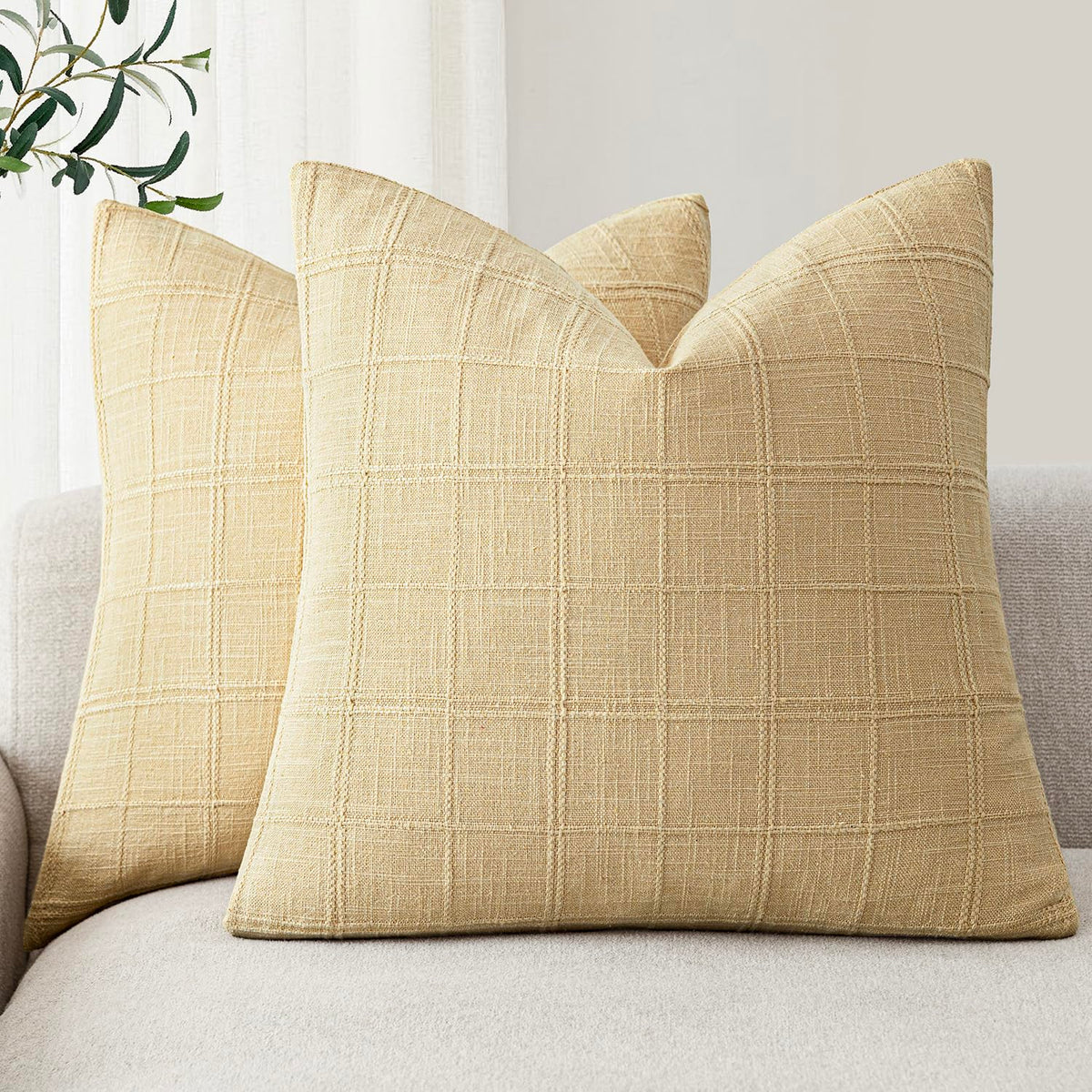 Foindtower Boho Linen Check Decorative Throw Pillow Cover 20×20 Olive Green