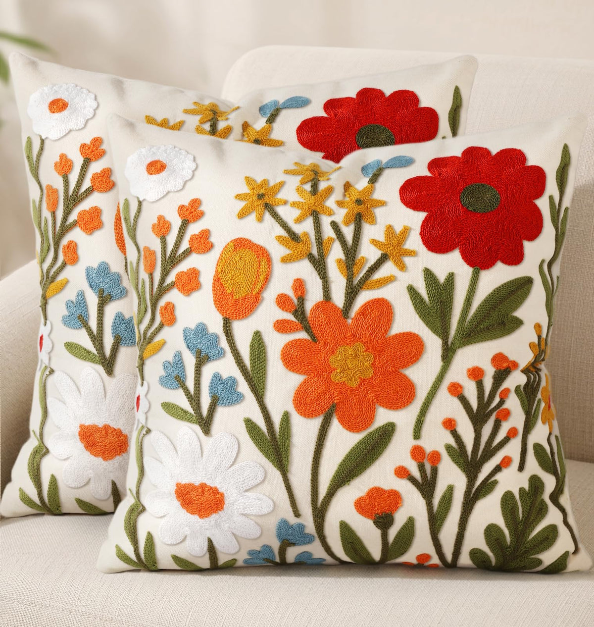 Embroidered Throw Pillow Cover 18x18 Inch, Flower Cluster