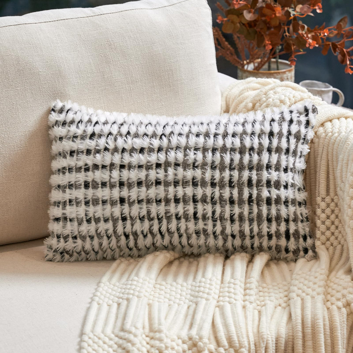 Aeckself Boho Chenille Tufted Pillow Cover 20 x 20 Inch, Decorative Square Throw Pillow Cover Neutral Pillowcase for Couch Bedroom Living Room, Orange White