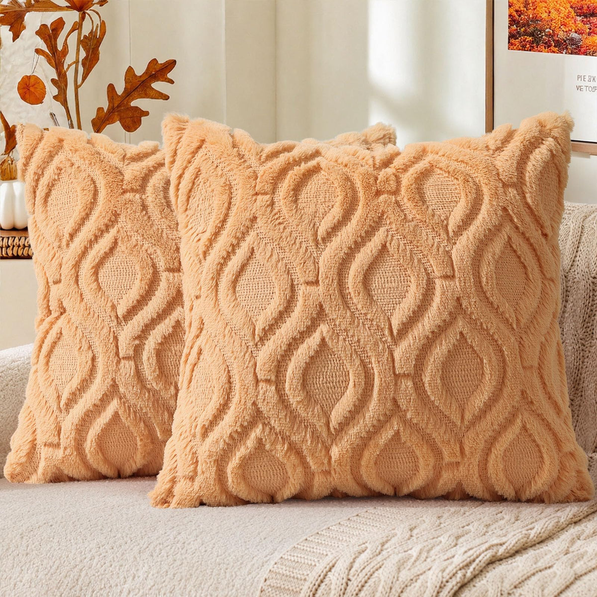 decorUhome Faux Fur Plush Soft Beige Throw Pillow Covers 18x18 Set of 2