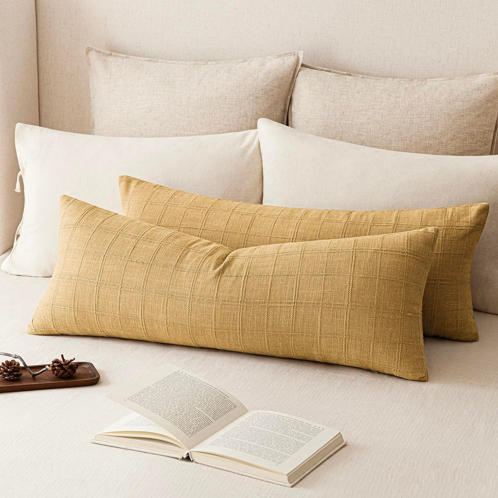 Foindtower Boho Linen Check Decorative Throw Pillow Cover 20×20 Olive Green