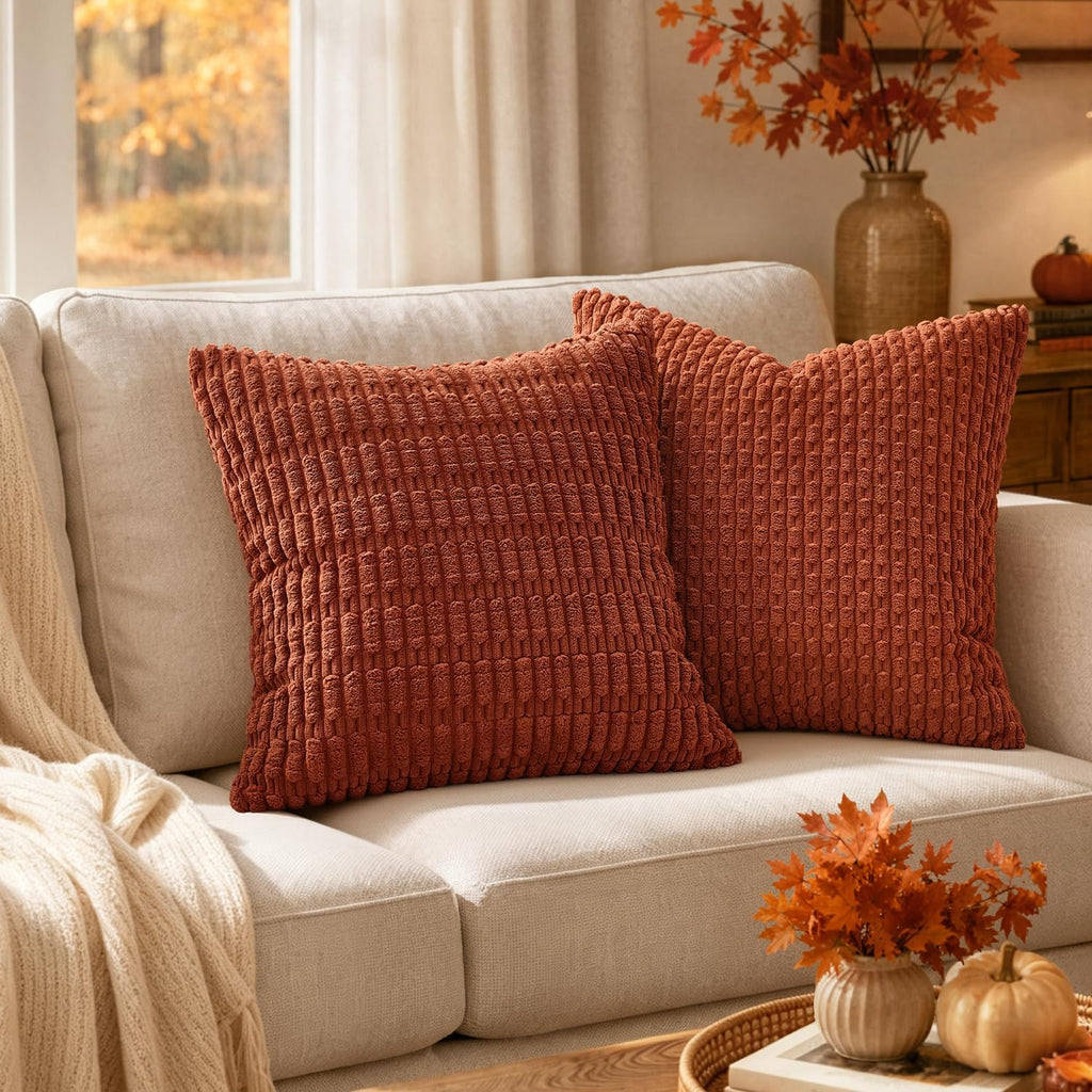 MIULEE Fall Corduroy Decorative Throw Pillow Covers 18x18 Rust Pack of 2