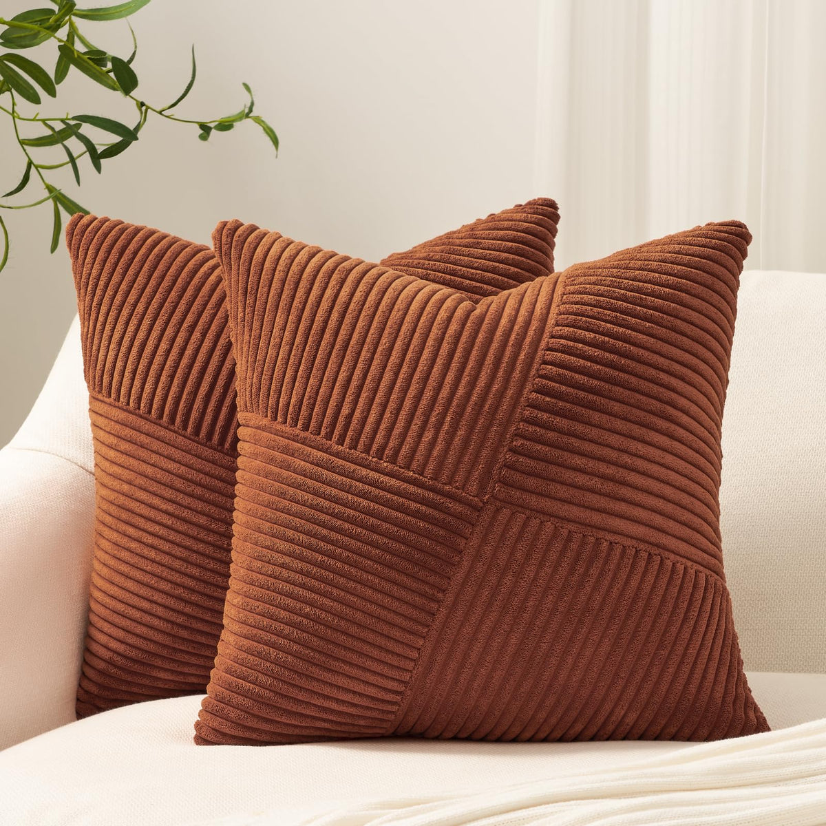 Topfinel Olive Green Decorative Throw Pillow Covers Set of 2 18x18 Inches for Couch Bed Sofa, Boho Aesthetic Home Decor, Soft Corduroy Striped Patchwork Windmill Textured Cushion Cases 45x45 cm