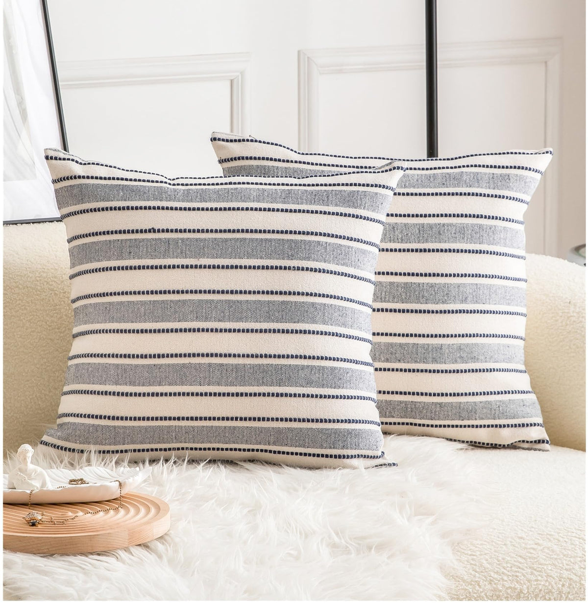Cethom Decorative Boho Throw Pillow Covers, Farmhouse Textured Pillow Case, 20 x 20 Inch Set of 2, Chair Sofa Bedroom Living Room Home Decor Couch Cushion Case, Classic Blue and Beige Striped