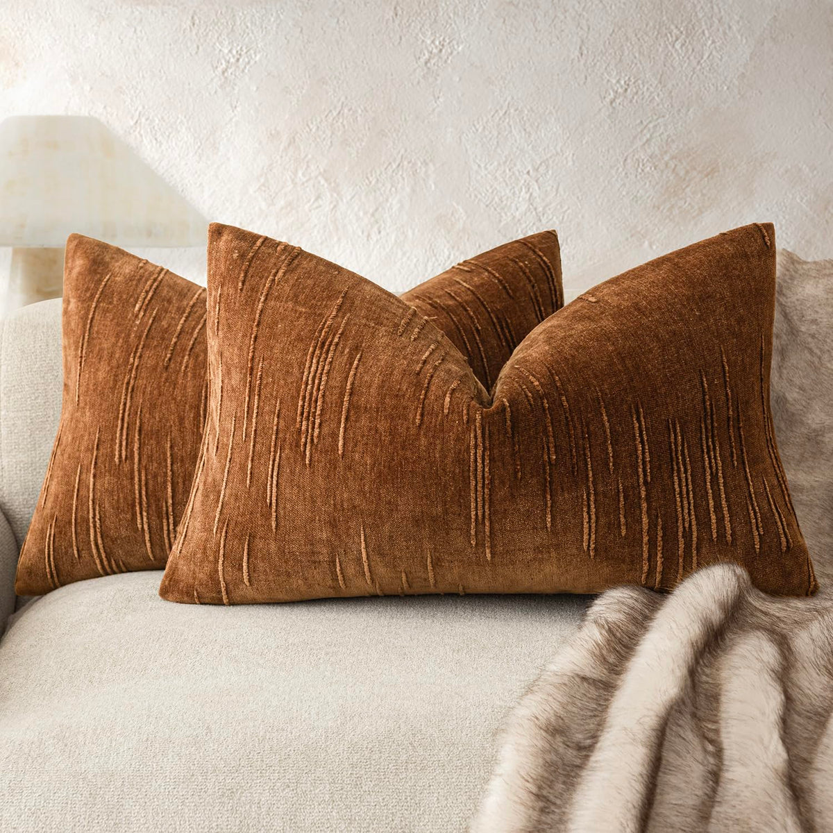 Foindtower Pack of 2 Slubby Textured Chenille Throw Decorative Pillow Covers Square Accent Solid Cushion Cover Neutral Farmhouse Pillow Case for Sofa Bedroom Living Room 18x18 Inch,Dark Olive Green