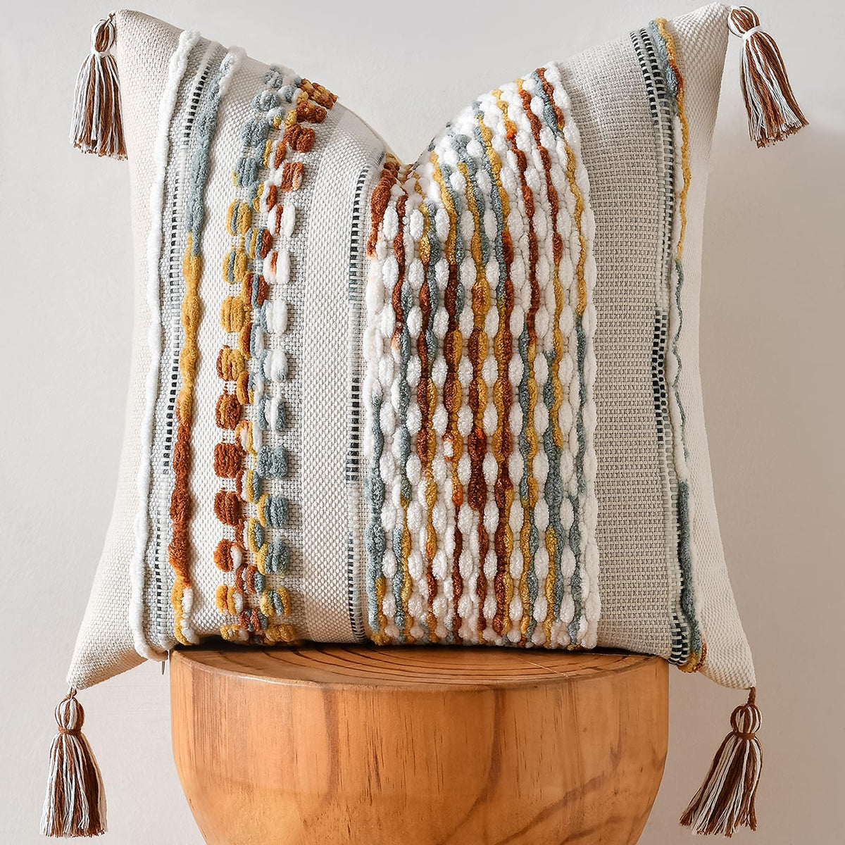 AmHoo Set of 2 Chenille Striped Textured Boho Throw Pillow Covers Aesthetic with Tassels Woven Decorative Pillow Case for Couch Bed Sofa Bedroom Modern Funky 18 x 18-Inch Brown