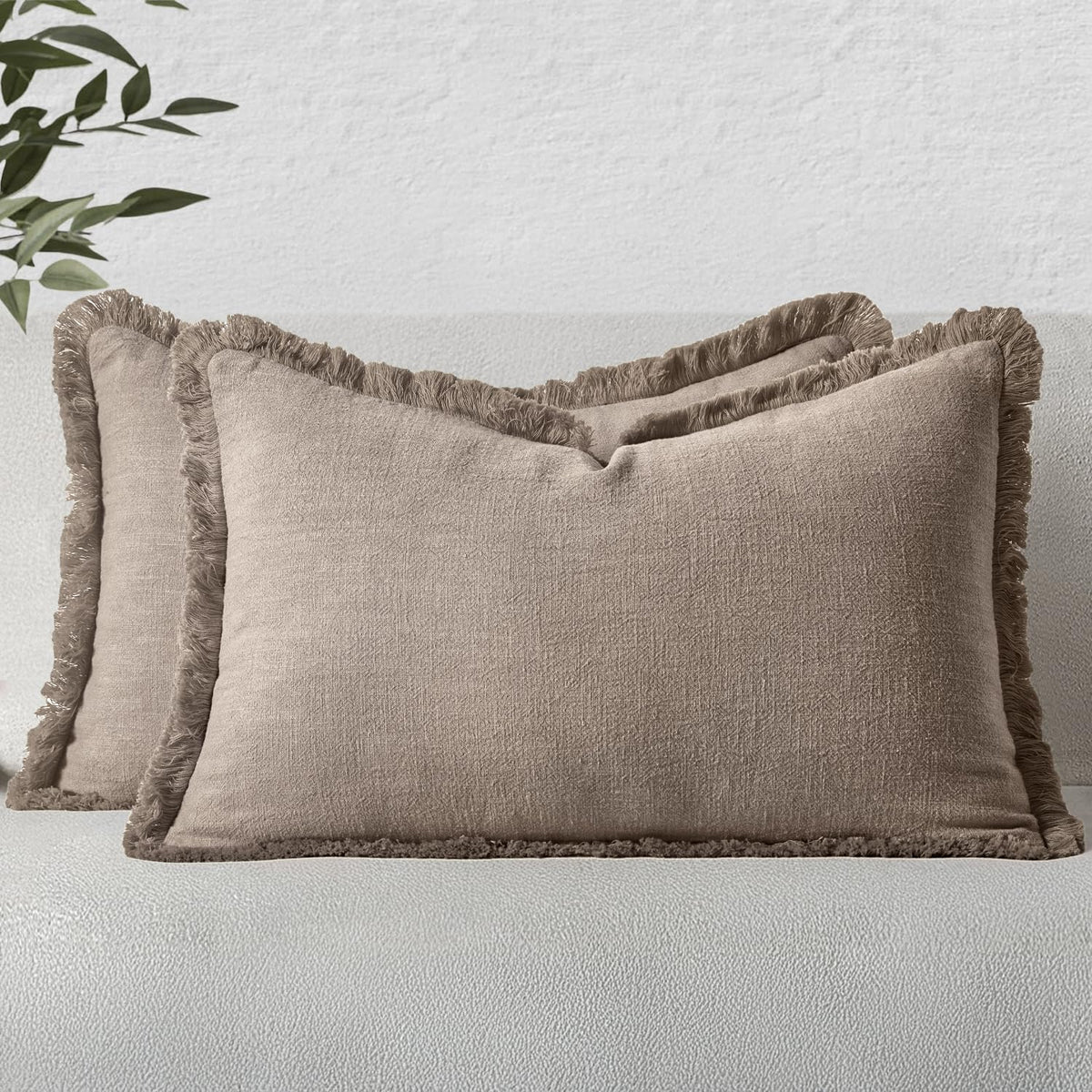 MIULEE Linen Fringe Decorative Throw Pillow Covers Natural Beige 20x20