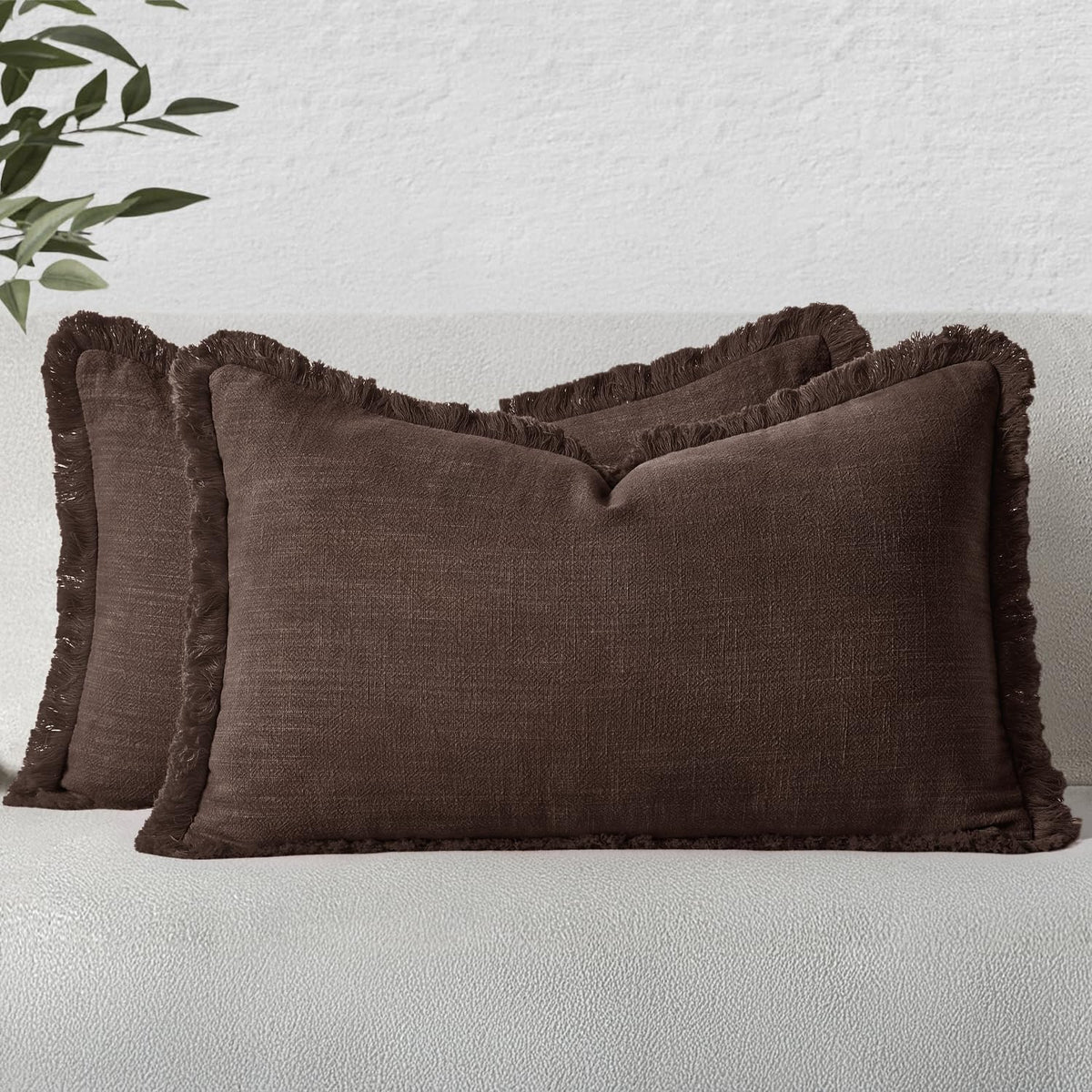 MIULEE Linen Fringe Decorative Throw Pillow Covers Natural Beige 20x20