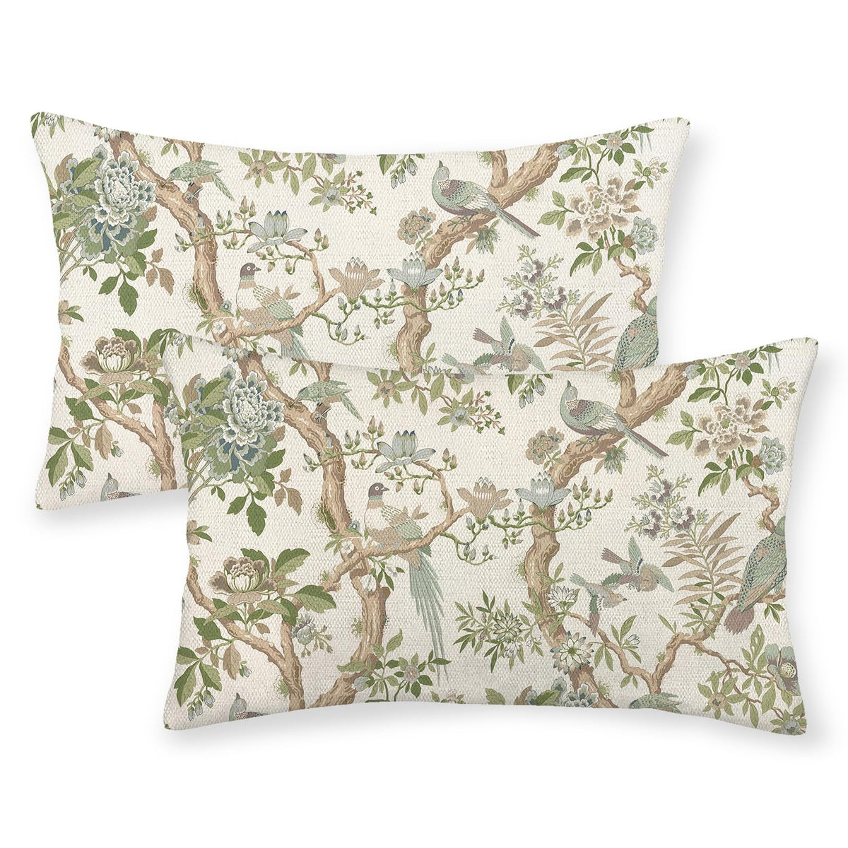 Chinoiserie Pillow Covers 18x18 Set of 2 Blue Green Bird Floral Throw Pillows Vintage Blue Flowers Decorations Outdoor Pillowcase Chinoiserie Decor Farmhouse Linen Cushion Case for Couch Home