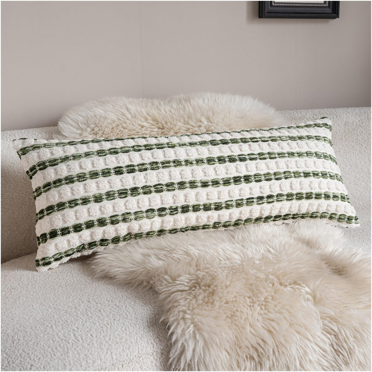 Caflife Beige Striped Chenille Boho Throw Pillow Covers 18x18 Inch Set of 2