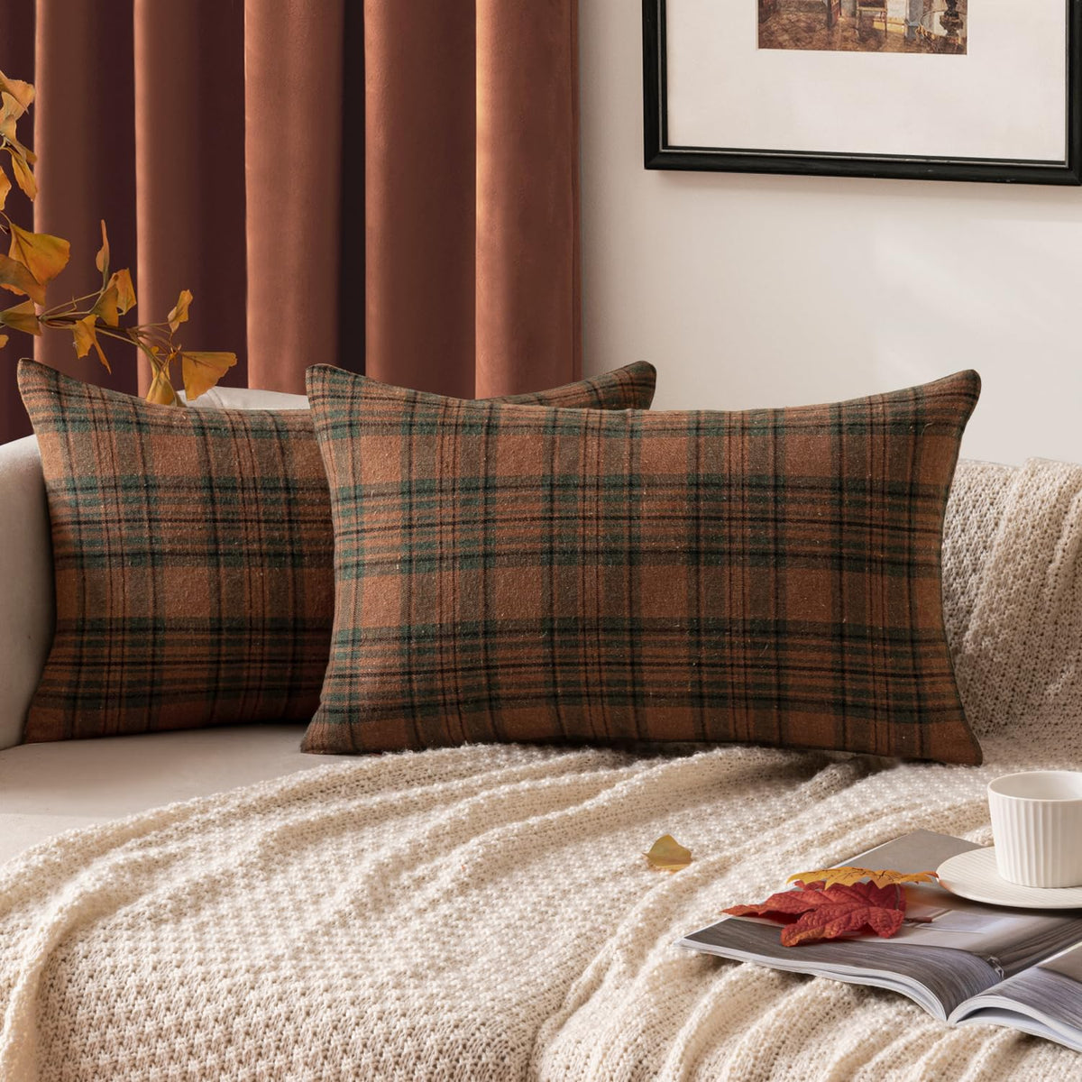 MIULEE Fall Plaid Pillow Covers Scottish Tartan 18x18 Brown