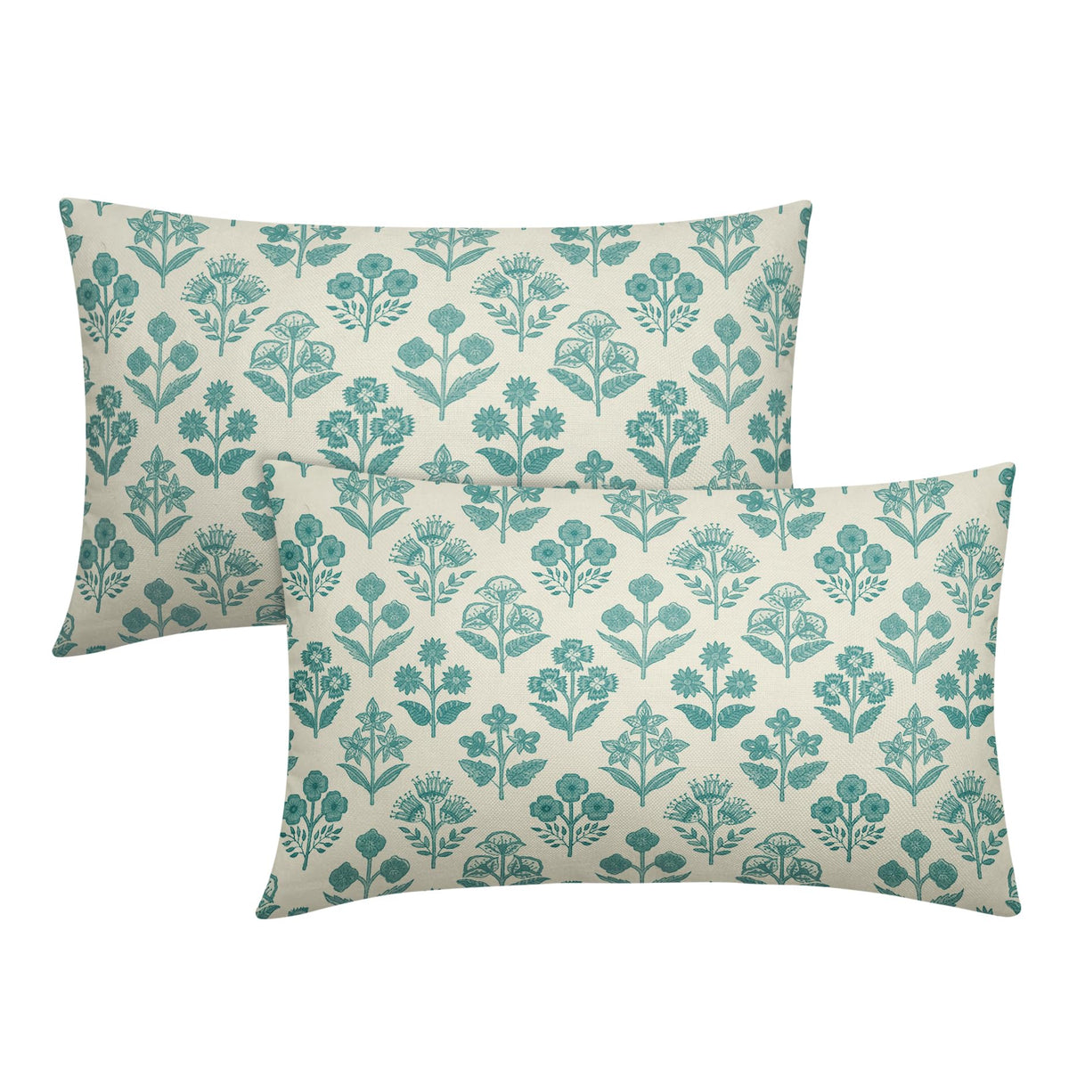 Blue Green Block Print Pillow Covers 18x18 Inch Set of 2, Vintage Floral Spring Decorative Throw Pillow Cases Boho Cushion Covers Rustic Decoration Gift Farmhouse Sofa Couch Bed Decor