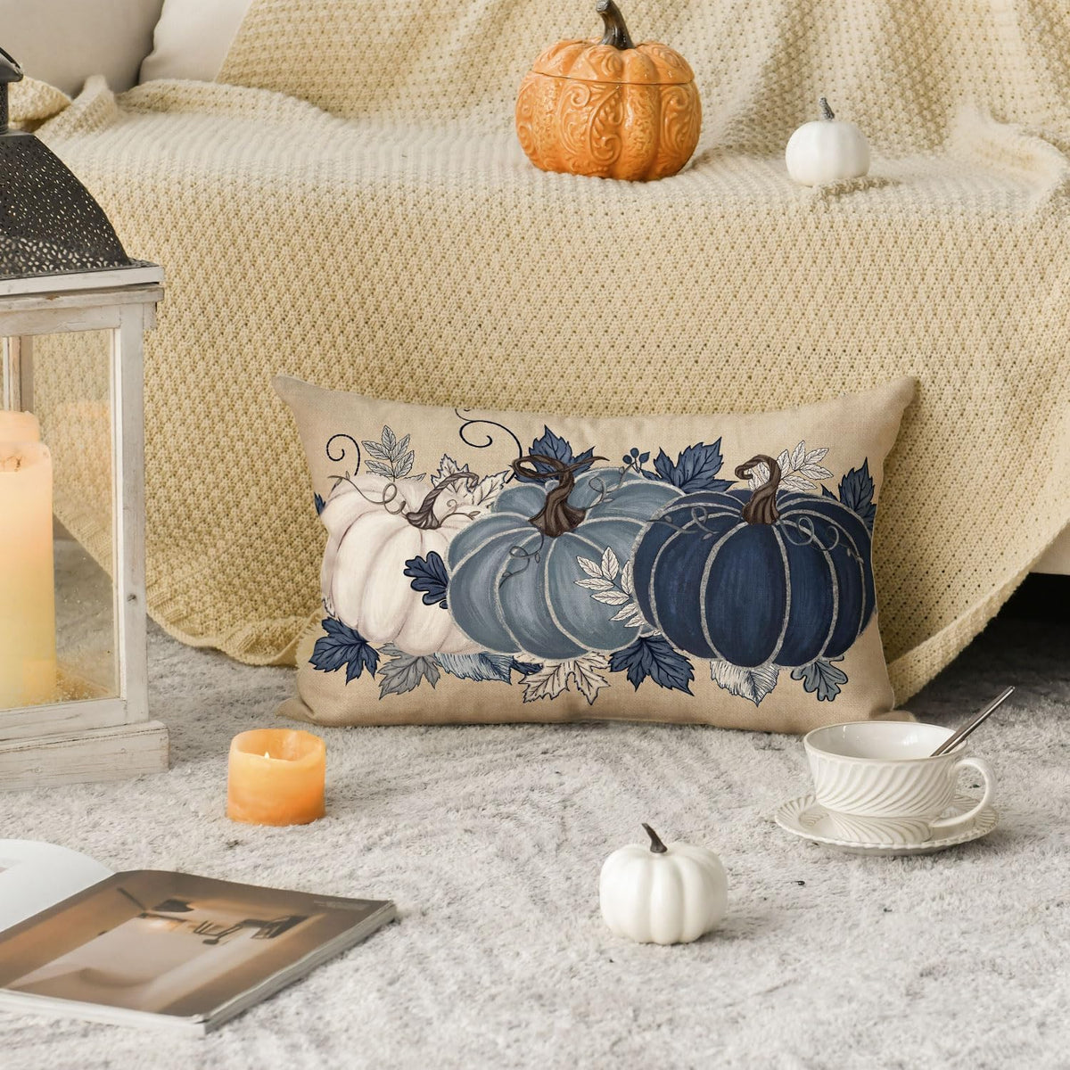 AVOIN colorlife Fall Blue Pumpkin Leaves Throw Pillow Cover 12x20 Inch