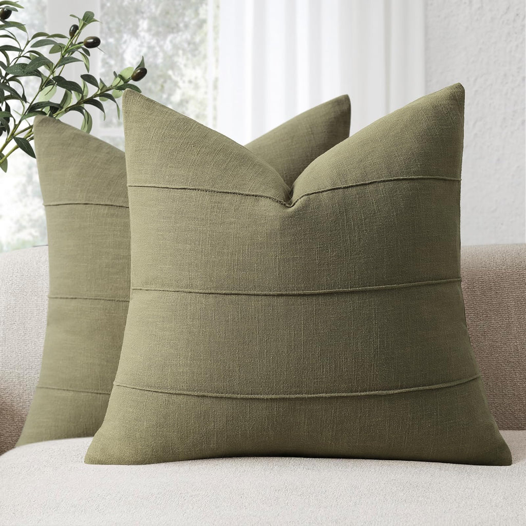 Decorative Linen Throw Pillow Covers 18x18 Set of 2 Solid handcrafted Striped Cushion Covers for Bed Soft Modern Farmhouse Neutral Pillowcase for Couch Bedroom Living Room Home Decor(Natural Beige)