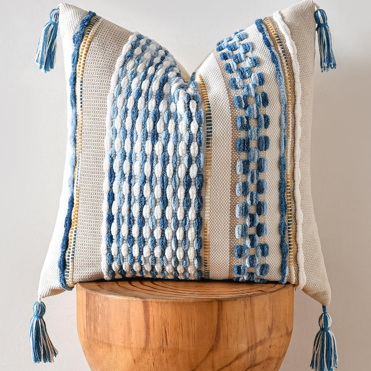 AmHoo Set of 2 Chenille Striped Textured Boho Throw Pillow Covers Aesthetic with Tassels Woven Decorative Pillow Case for Couch Bed Sofa Bedroom Modern Funky 18 x 18-Inch Brown