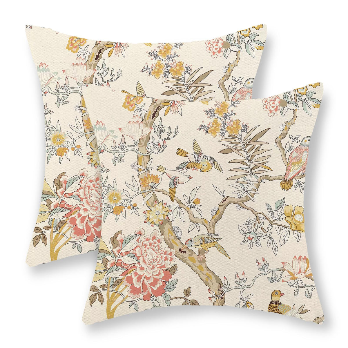 Chinoiserie Pillow Covers 18x18 Set of 2 Blue Green Bird Floral Throw Pillows Vintage Blue Flowers Decorations Outdoor Pillowcase Chinoiserie Decor Farmhouse Linen Cushion Case for Couch Home