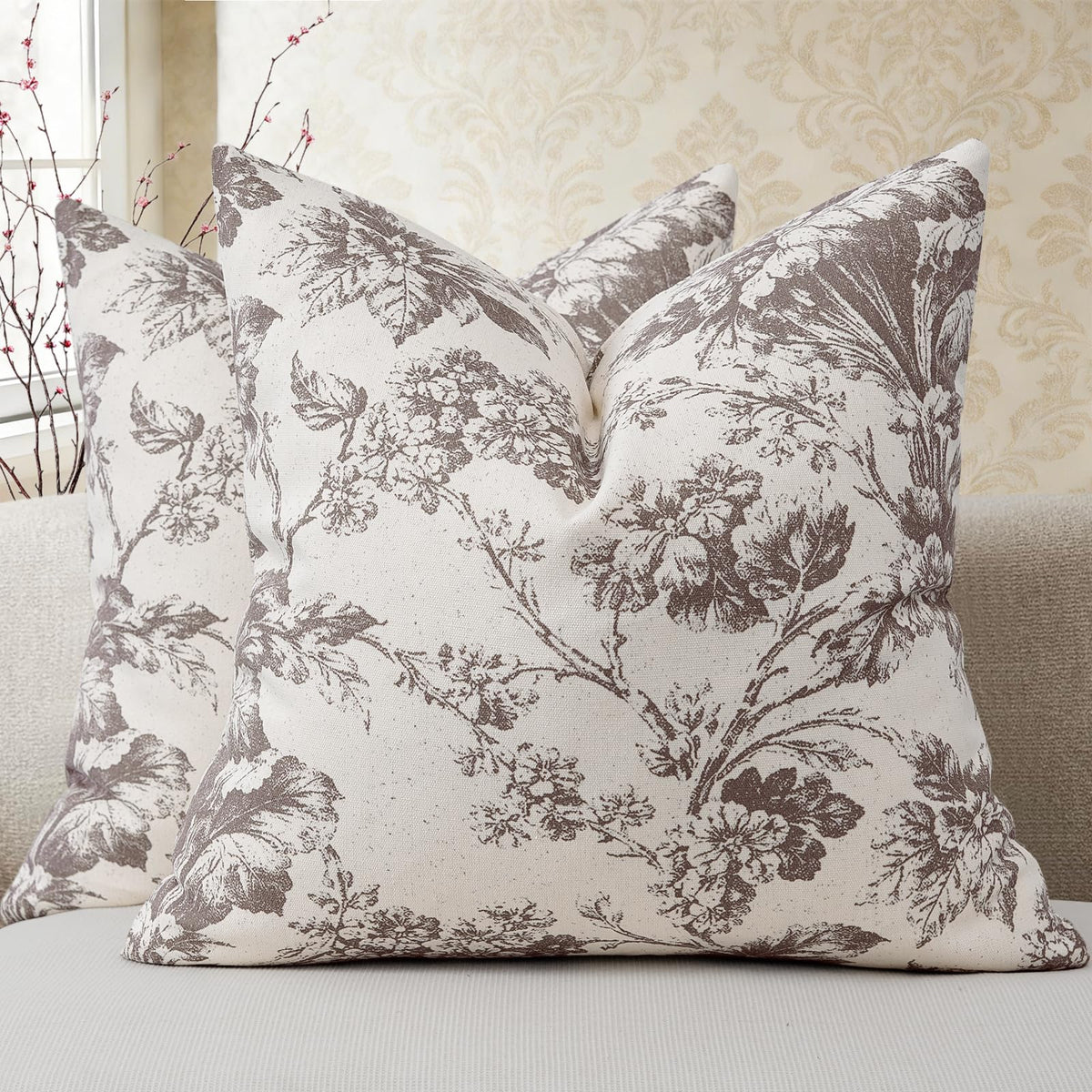 Buenohuas Farmhouse Decorative Pillow Covers 18x18 Set of 2, Vintage Botanical Floral Patterned Cushion Covers for Sofa Couch Chair Bed Living Room Home Decor Accents, Olive Green