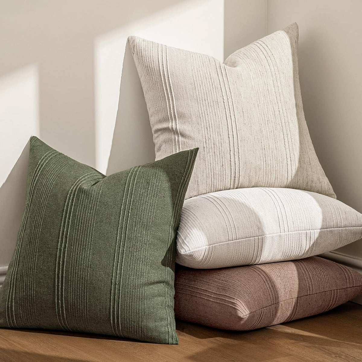 MIULEE Decorative Striped Throw Pillow Covers 20x20 Inch Beige 2 Pack