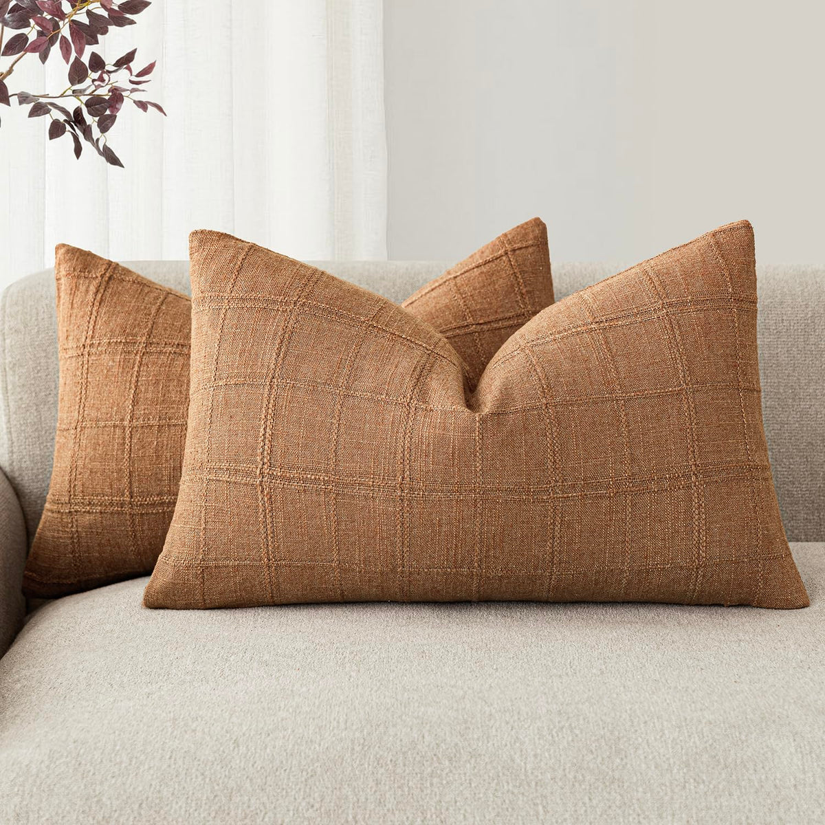 Foindtower Boho Linen Check Decorative Throw Pillow Cover 20×20 Olive Green