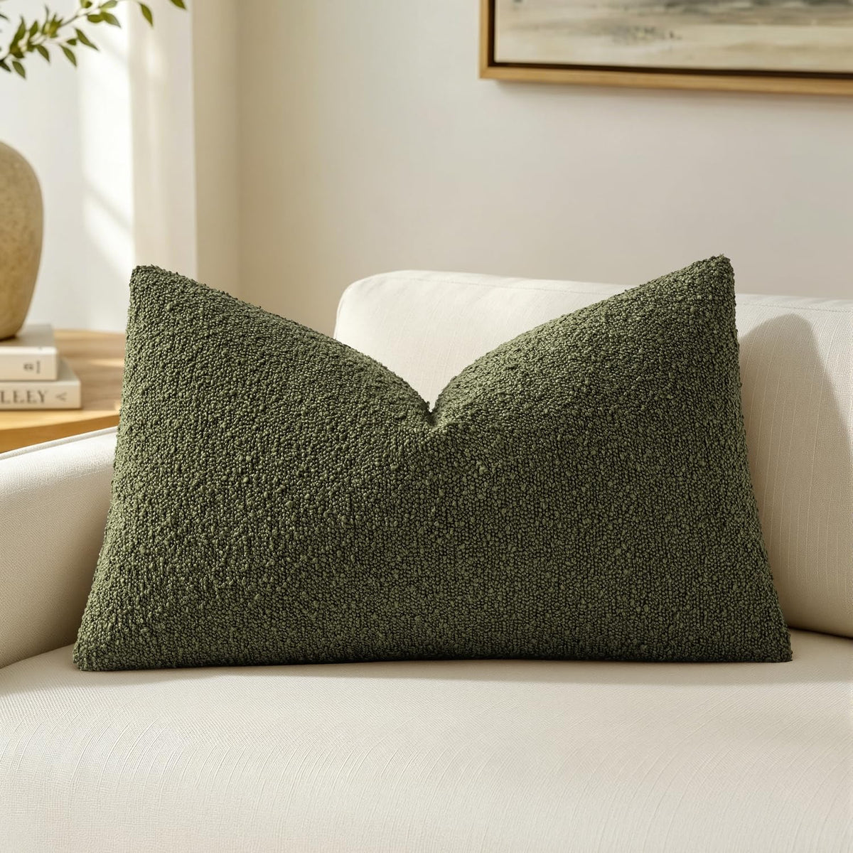 MIULEE Textured Boucle Lumbar Pillow Cover for Bed 12x20 Olive Green
