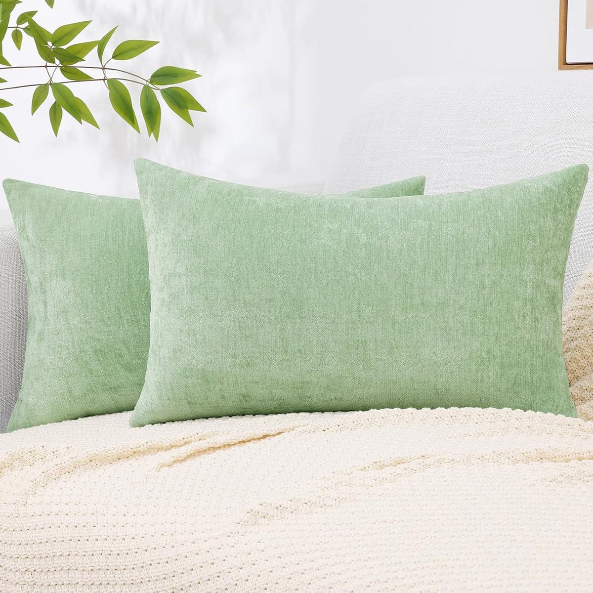 decorUhome Soft Chenille Moss Green Throw Pillow Covers 18X18 Set of 2