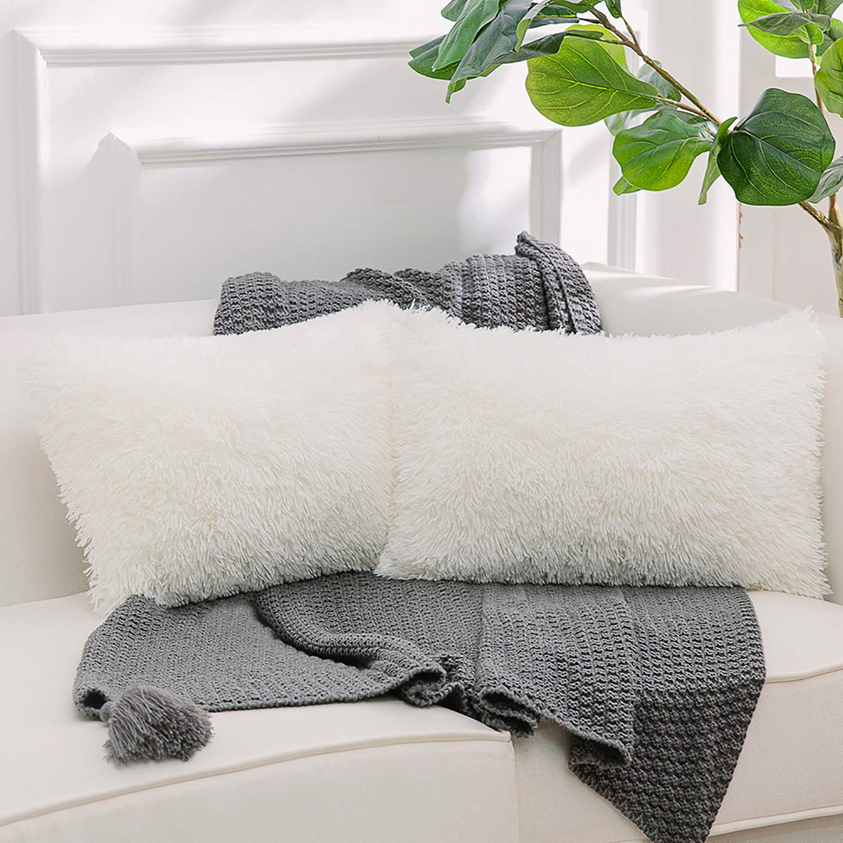 NordECO HOME Luxury Soft Faux Fur Fleece Cushion Cover Pillowcase Spring Decorative Throw Pillows Covers, No Pillow Insert, 18" x 18" Inch, White, 2 Pack