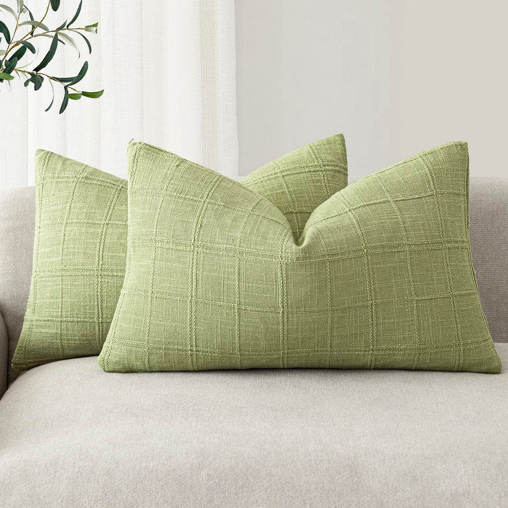 Foindtower Boho Linen Check Decorative Throw Pillow Cover 20×20 Olive Green