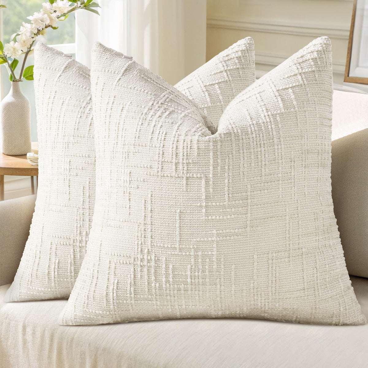 decorUhome Textured Chenille Throw Pillow Covers 18x18 Set of 2 Cream White