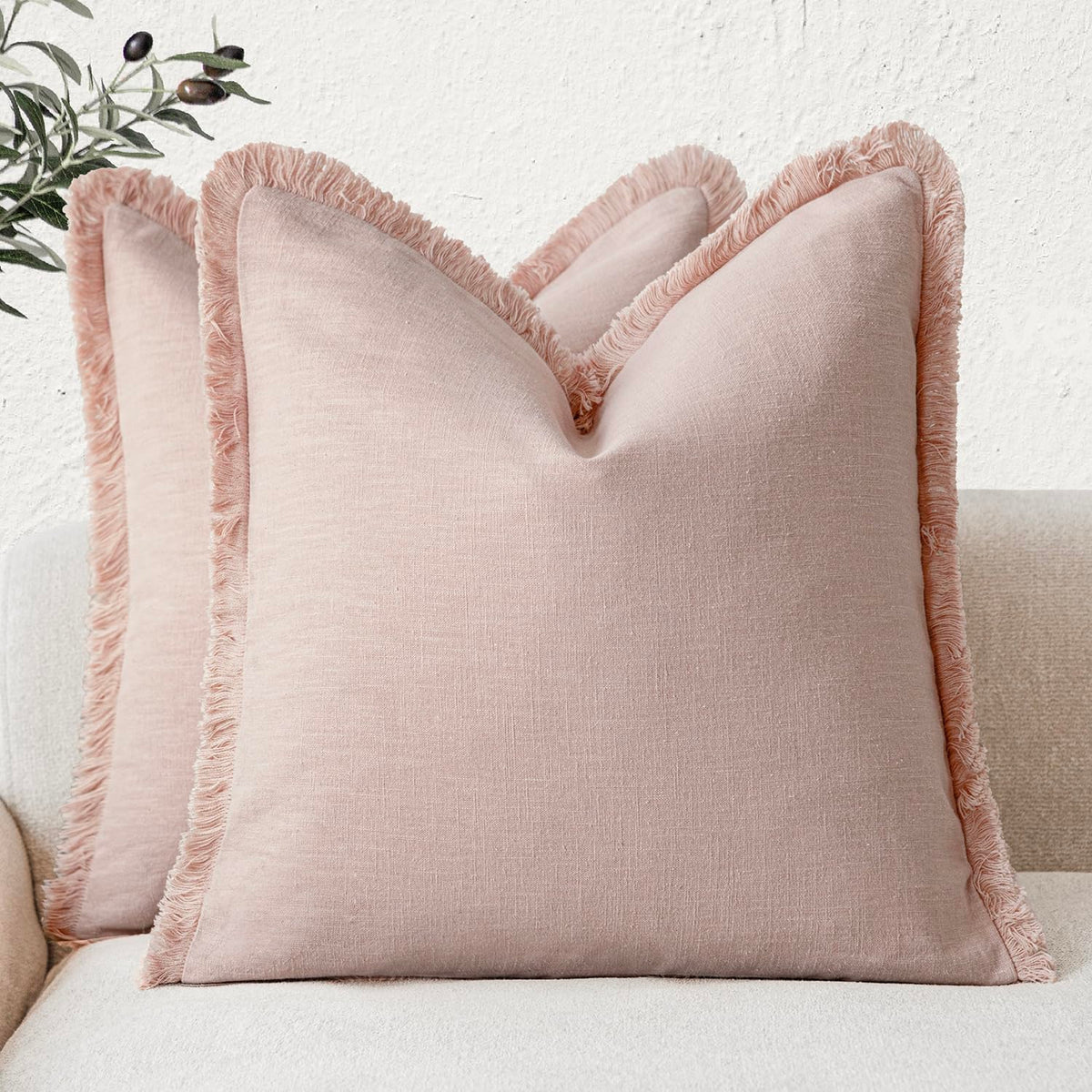 Foindtower Decorative Linen Fringe Throw Pillow Covers 18×18 Olive Green