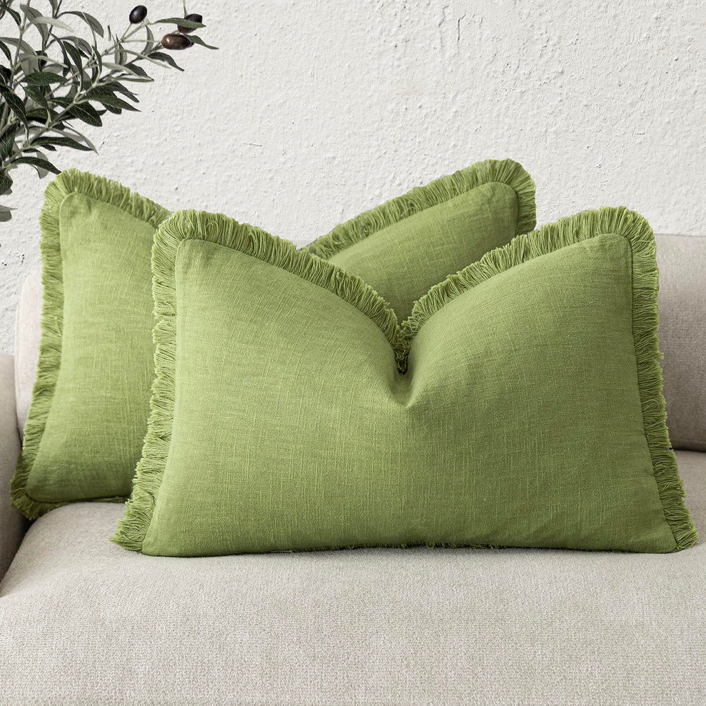 Foindtower Decorative Linen Fringe Throw Pillow Covers 20×20 Inch,Beige