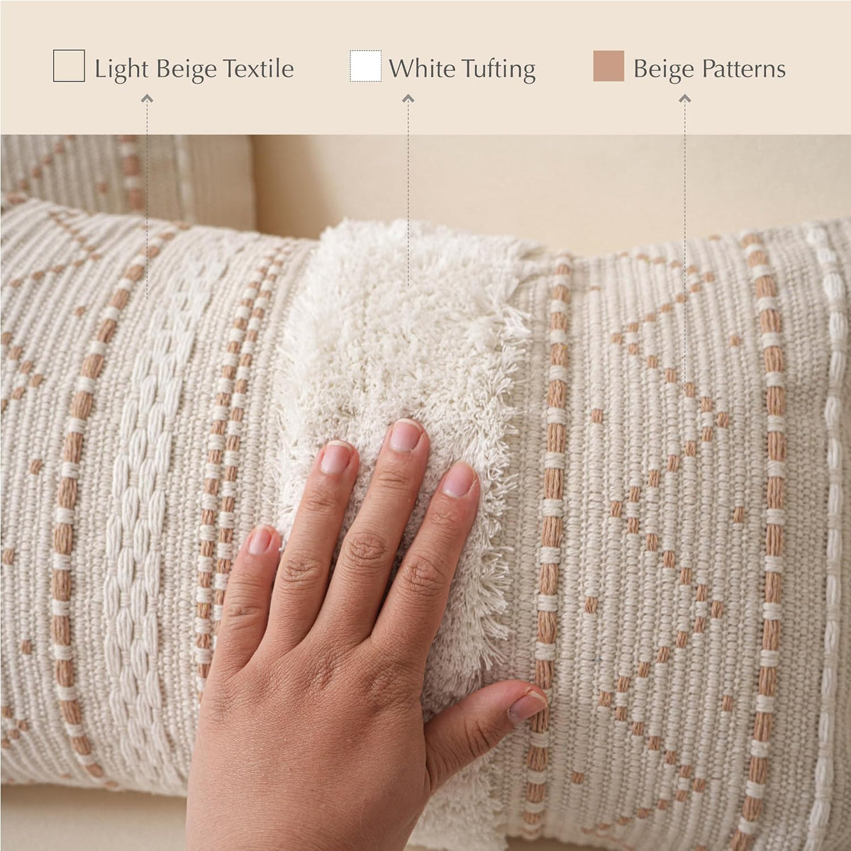 BlissBlush 14x36 Lumbar Pillow Cover for Bed, Rectangular Long Decorative Throw Pillowcase, Boho Accent Cushion with Tufted Pattern and Tassels, Cream Beige Neutral (Cover Only)