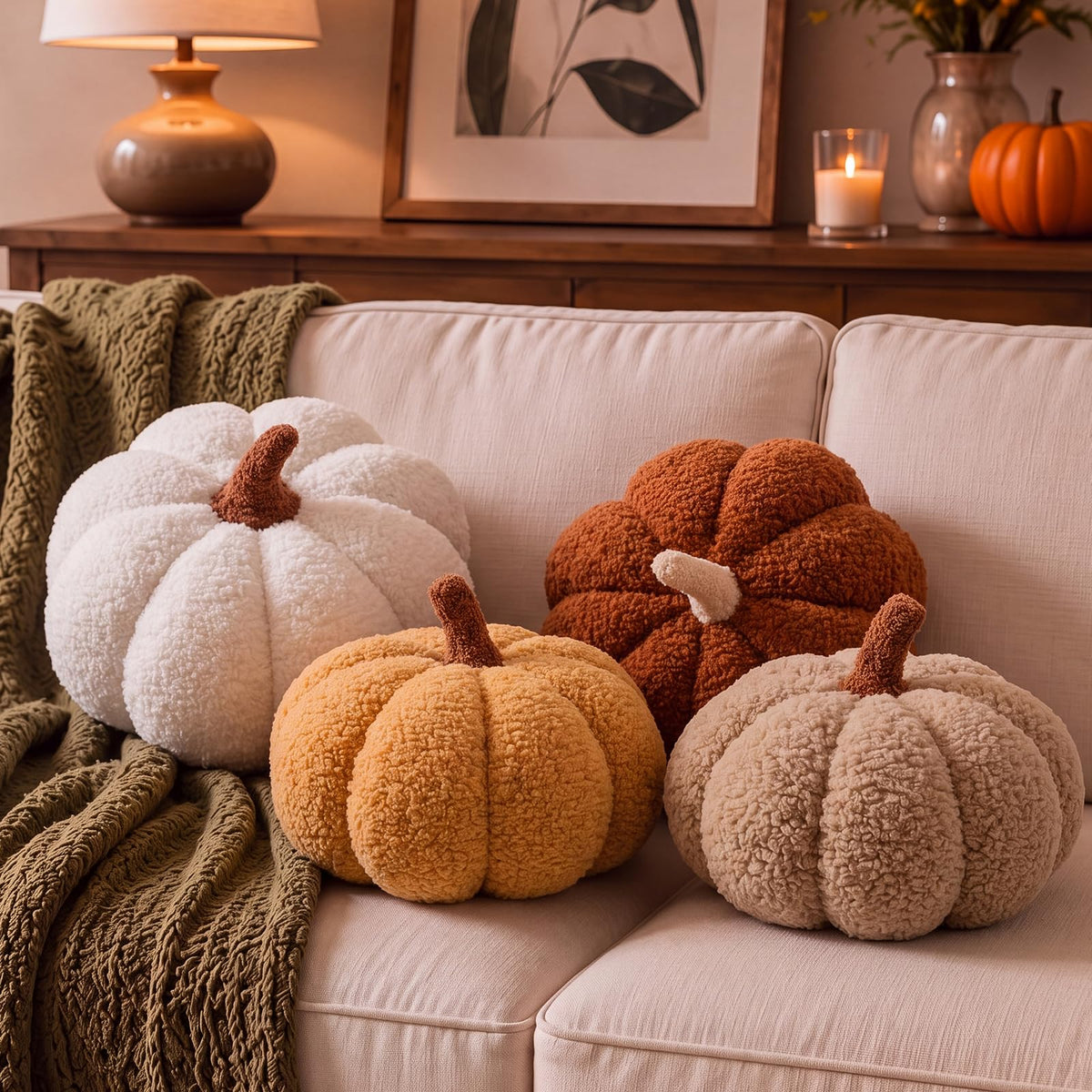 Juexica 3 Pcs Stuffed Pumpkin Pillows Fall Decor Cushions,Cool Neutral