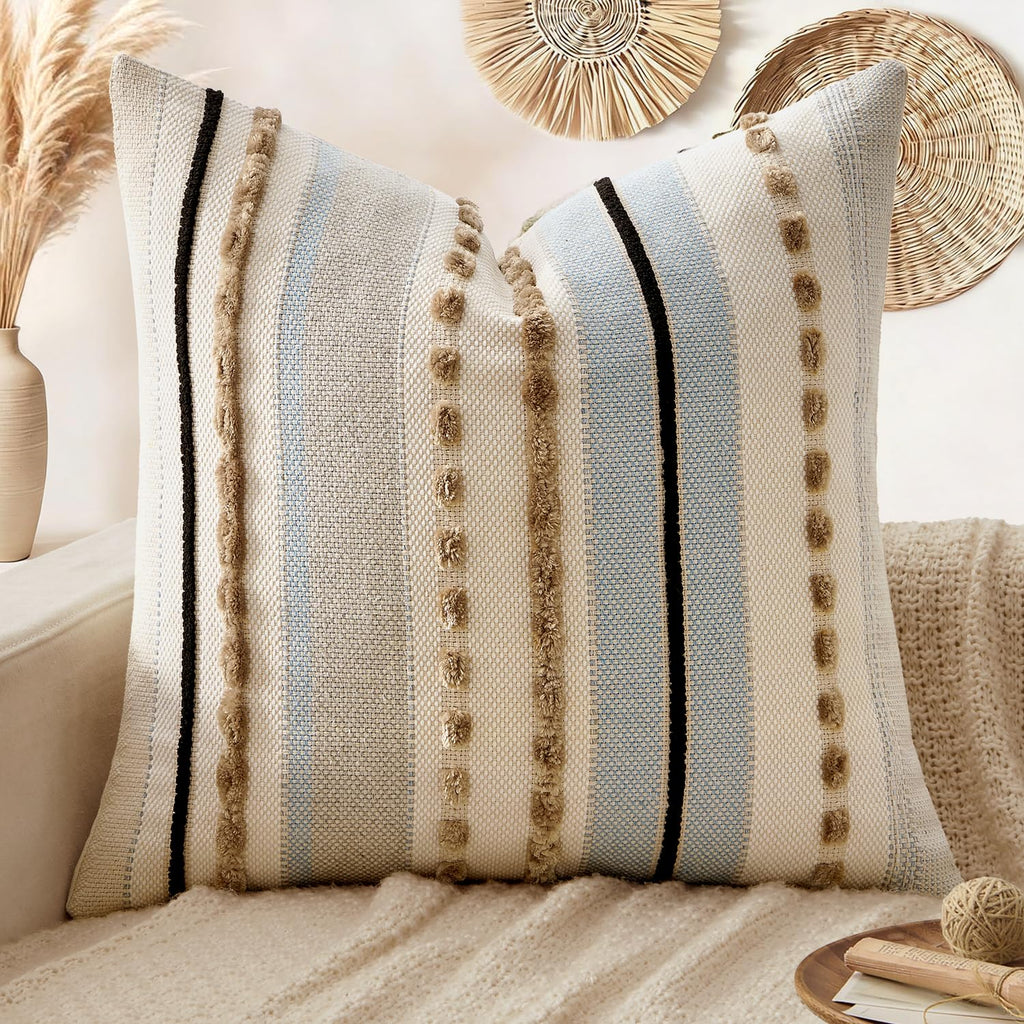 ANRODUO Boho Decorative Pillow Covers Olive Green Stripe 18x18 Pack of 2