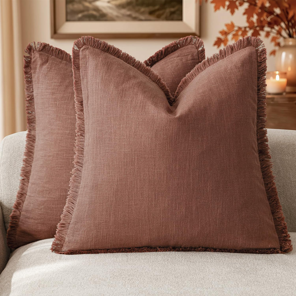 Foindtower Decorative Linen Fringe Throw Pillow Covers 20×20 Inch,Beige