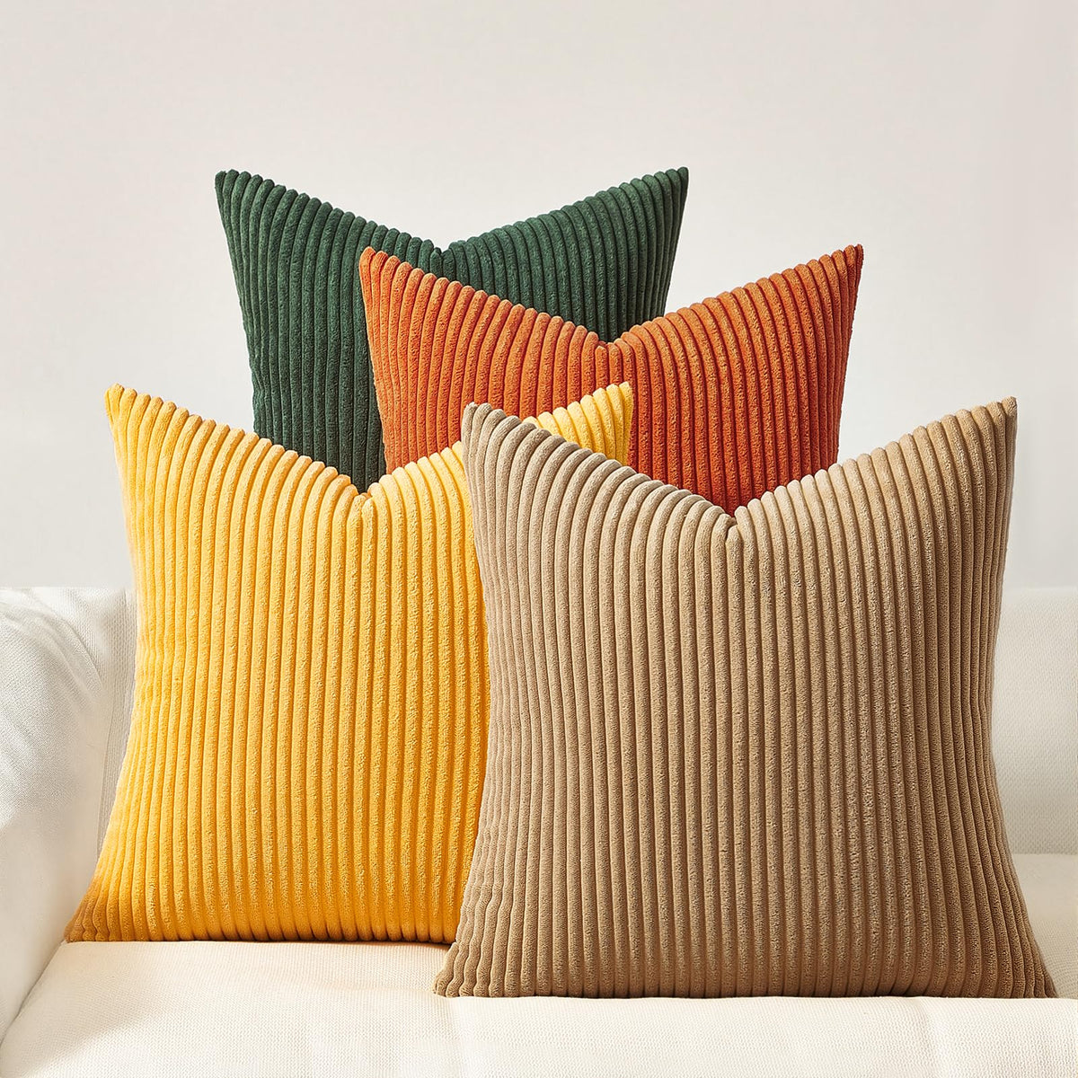 Topfinel Fall Burnt Orange Decorative Throw Pillows Covers 18x18 Inch Set of 4,Yellow Green Gradient Series Corduroy Striped Square Pillow Case,Western Modern Cushion Cover for Couch Sofa Bedroom