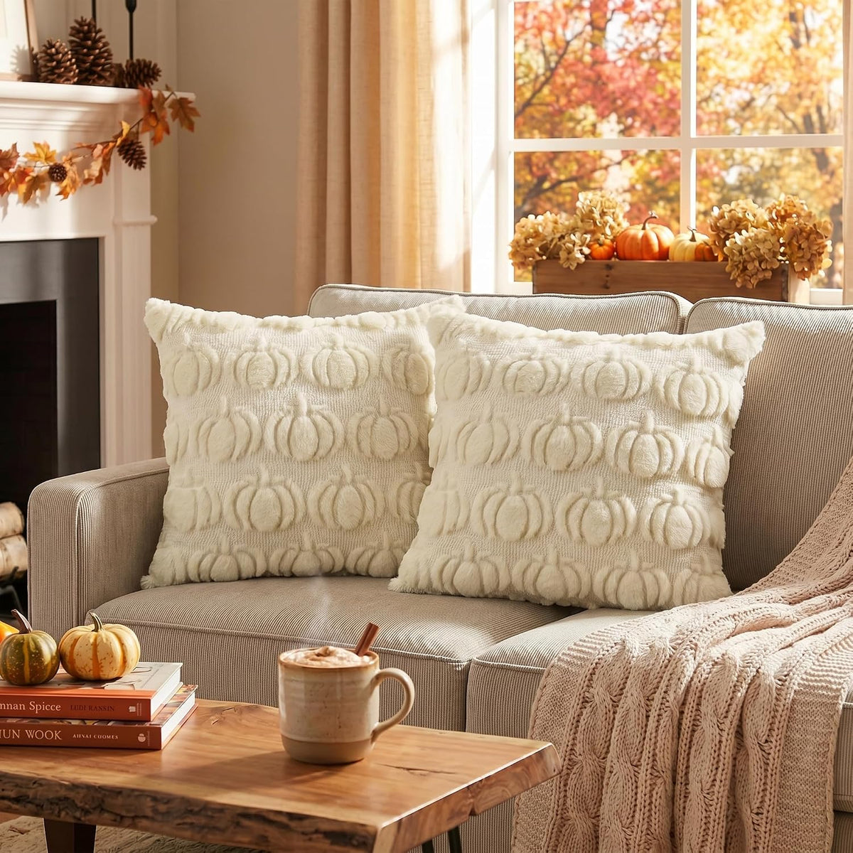 AVOIN colorlife Beige Fall Pumpkin Throw Pillow Covers 18x18 Inch