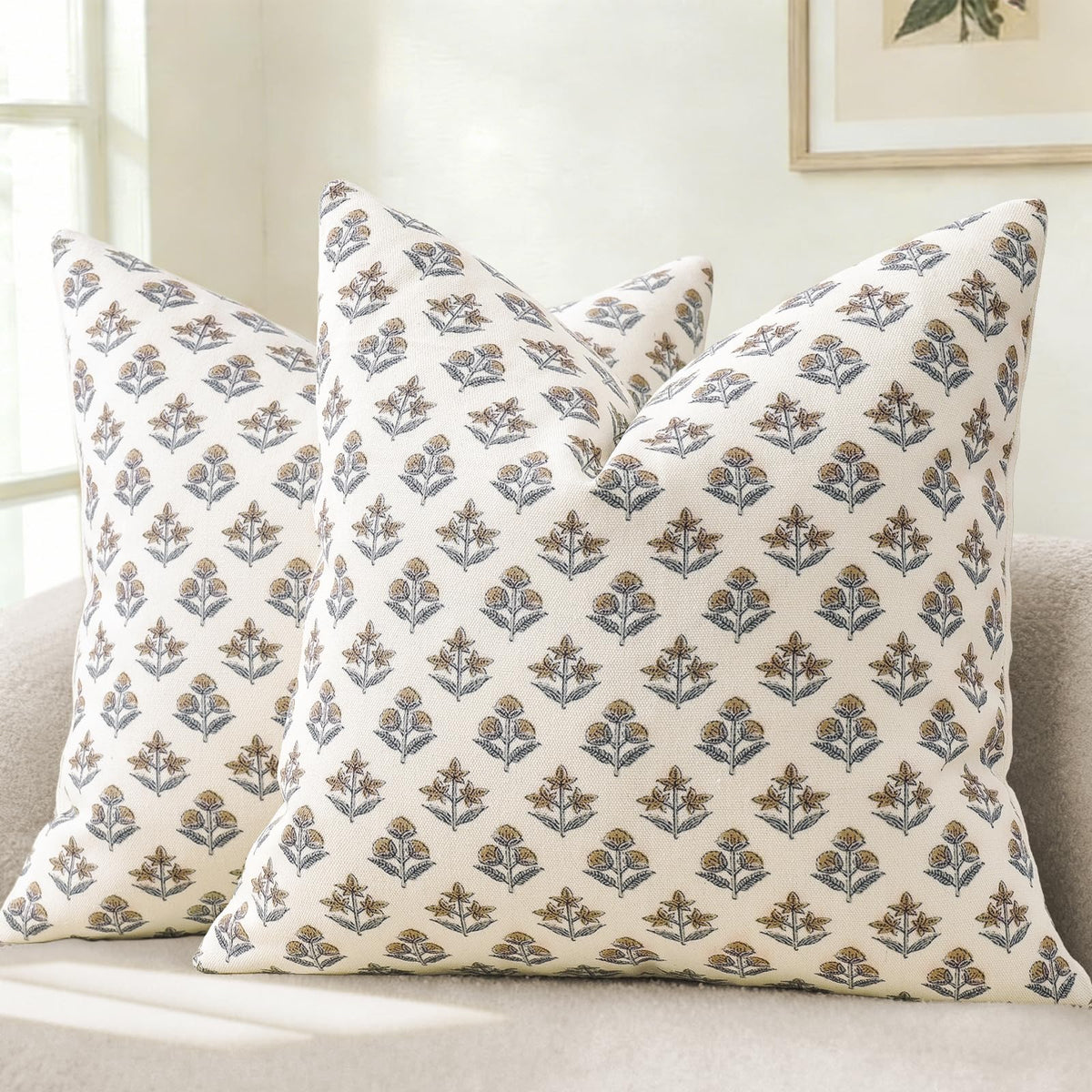 YCOLL Farmhouse Floral Pillow Covers 18x18 Set of 2, Rustic Country Decorative Cushion Covers Vintage Throw Pillow Covers for Sofa Couch Bed Living Room Home Decor, Blue Green