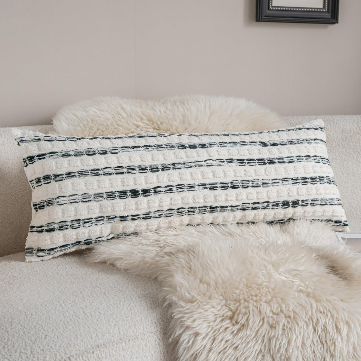 Caflife Beige Striped Chenille Boho Throw Pillow Covers 18x18 Inch Set of 2