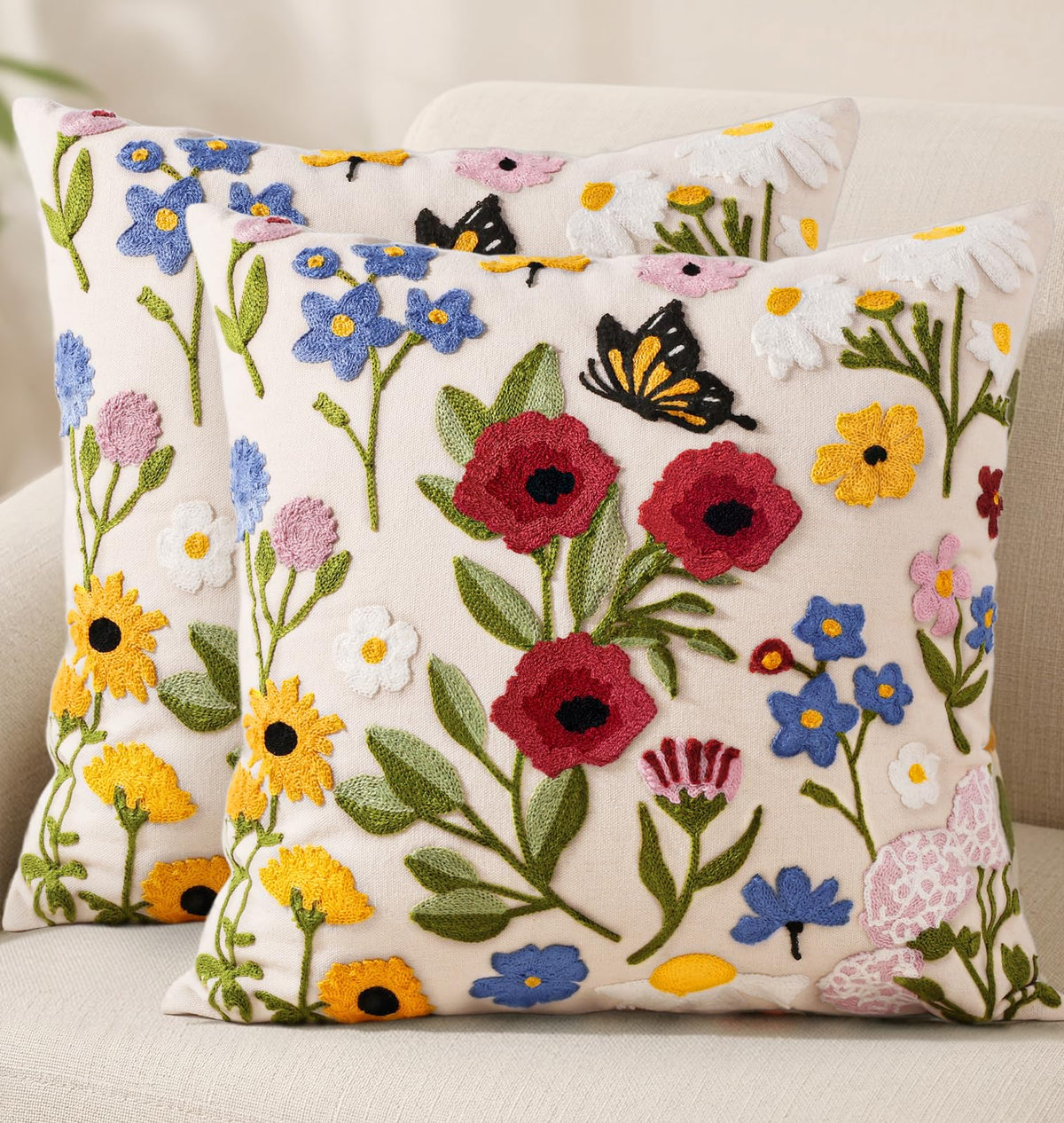 Embroidered Throw Pillow Cover 18x18 Inch, Flower Cluster