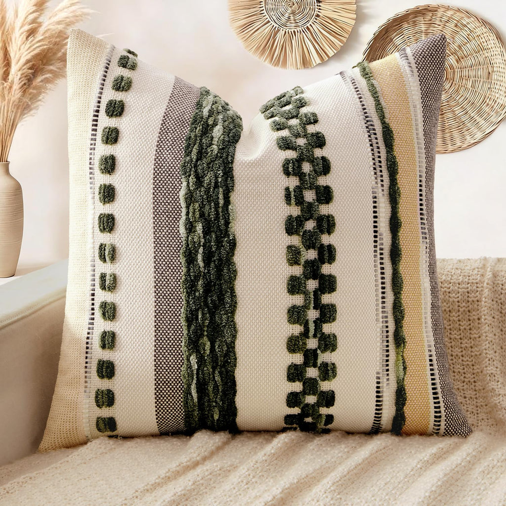 ANRODUO Boho Decorative Pillow Covers Olive Green Stripe 18x18 Pack of 2