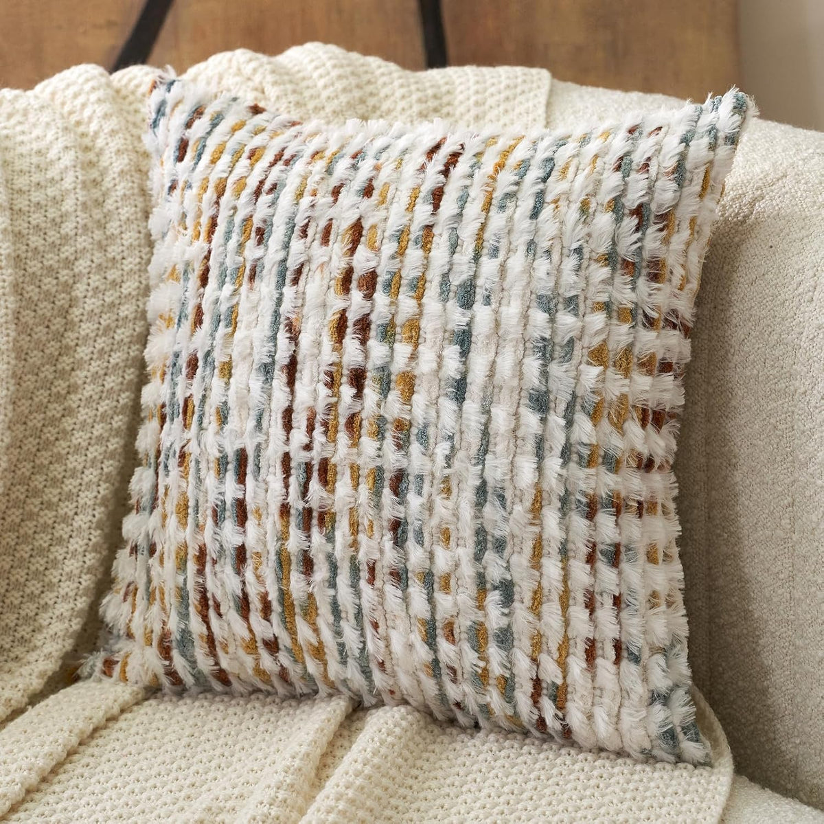Aeckself Boho Chenille Tufted Pillow Cover 20 x 20 Inch, Decorative Square Throw Pillow Cover Neutral Pillowcase for Couch Bedroom Living Room, Orange White