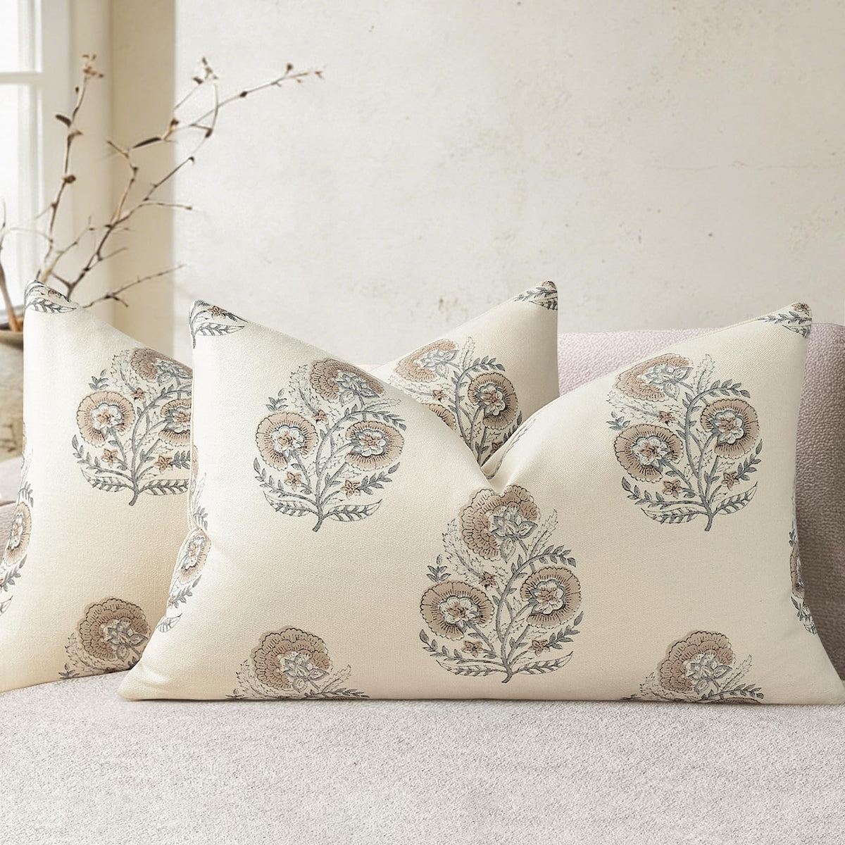Vintage Floral Print Fall Pillow Covers 20x20 Set of 2 Patterned Accent Decorative Cushion Covers Modern Farmhouse Throw Pillow Covers for Sofa Couch Chair Bed Living Room Home Decor, Light Brown