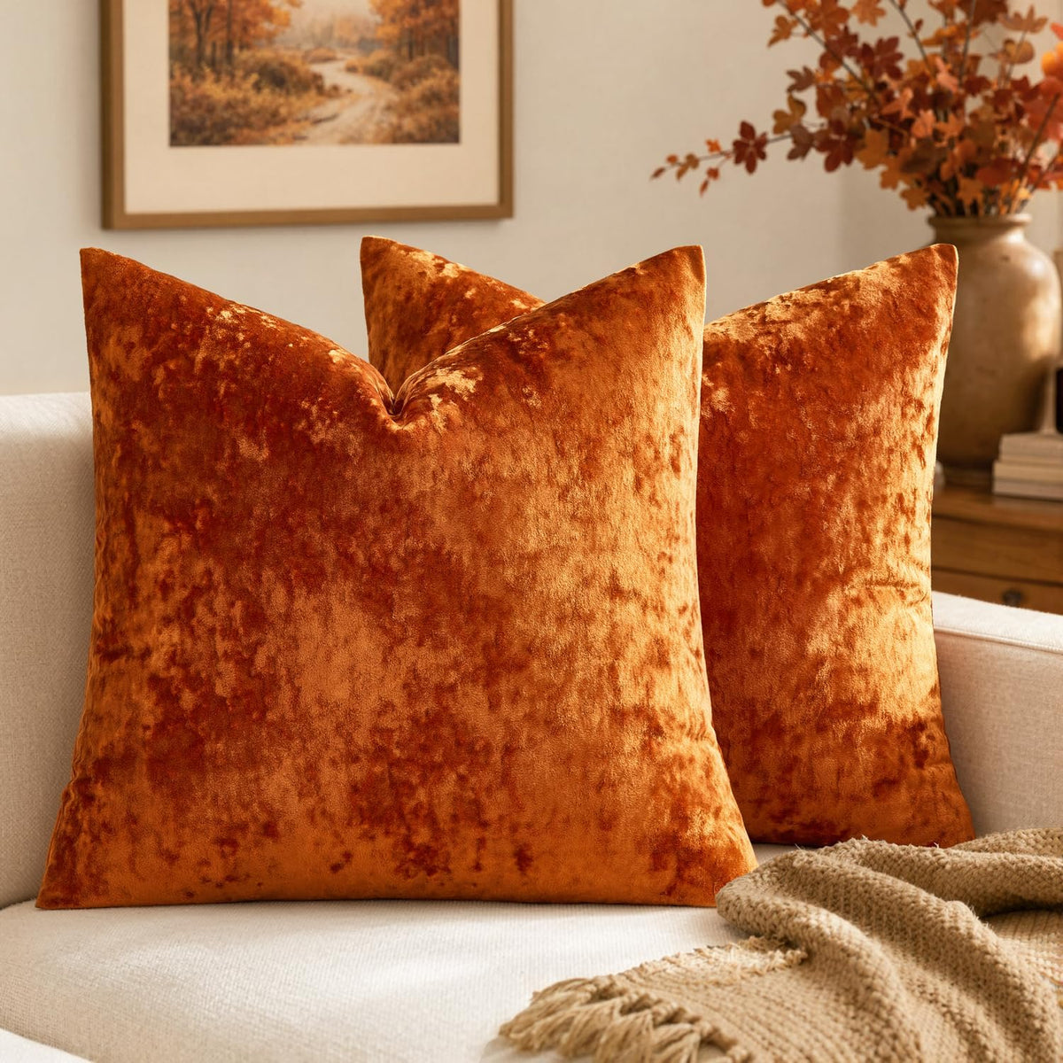 MIULEE Fall Velvet Throw Pillow Covers Burnt Orange 18x18 inch Set of 2