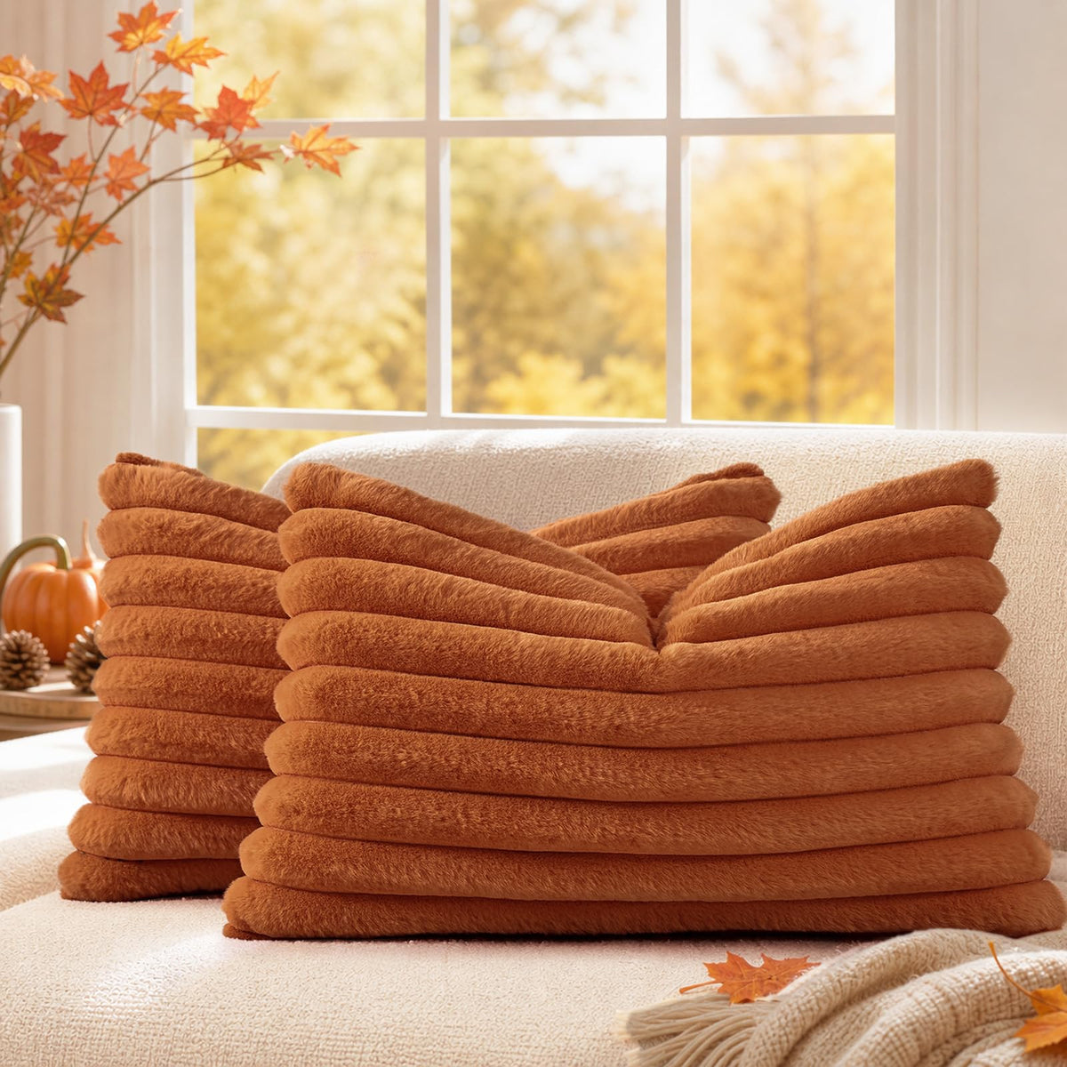 decorUhome Fall Faux Fur Throw Pillow Covers 18x18 Set of 2 Rust