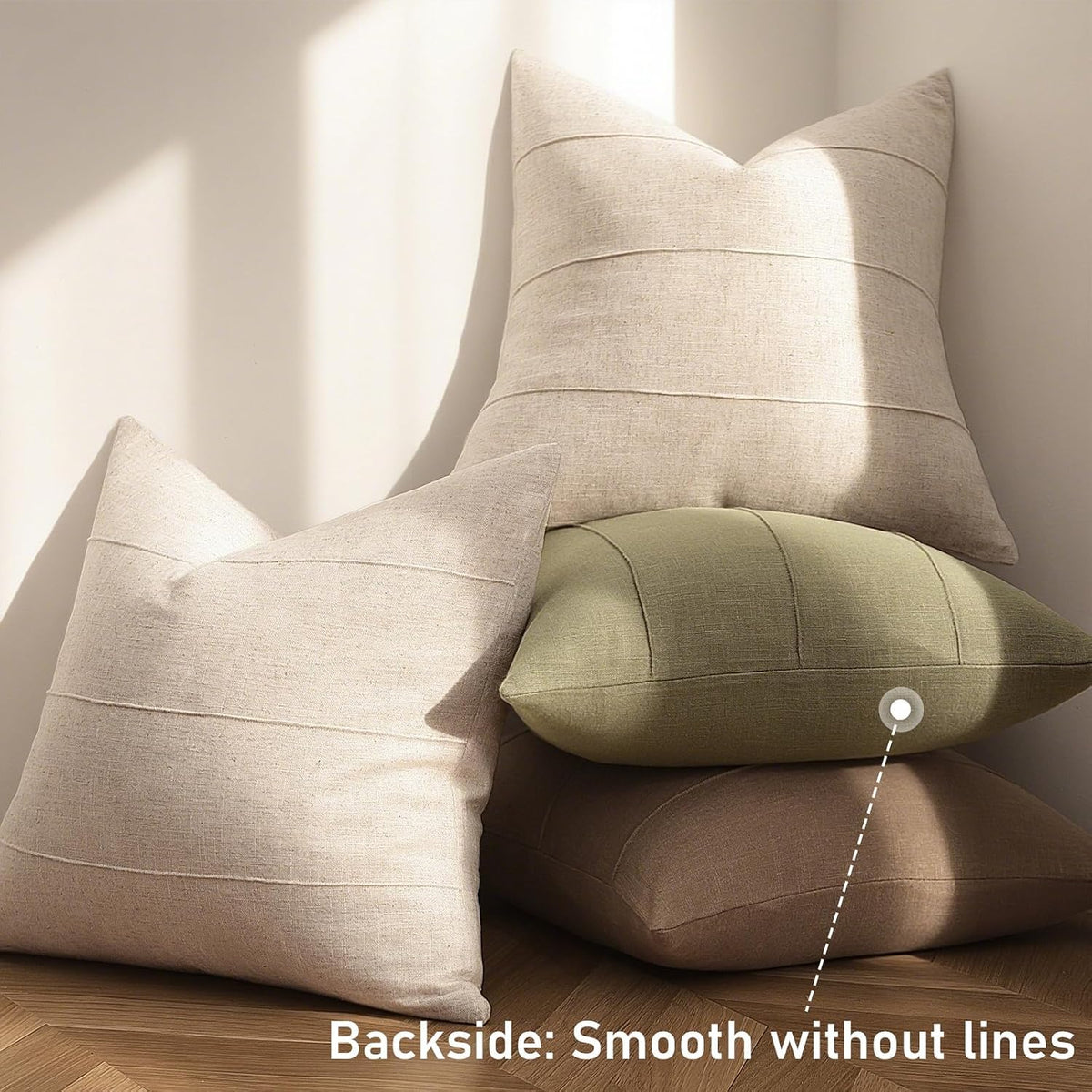 Decorative Linen Throw Pillow Covers 18x18 Set of 2 Solid handcrafted Striped Cushion Covers for Bed Soft Modern Farmhouse Neutral Pillowcase for Couch Bedroom Living Room Home Decor(Natural Beige)