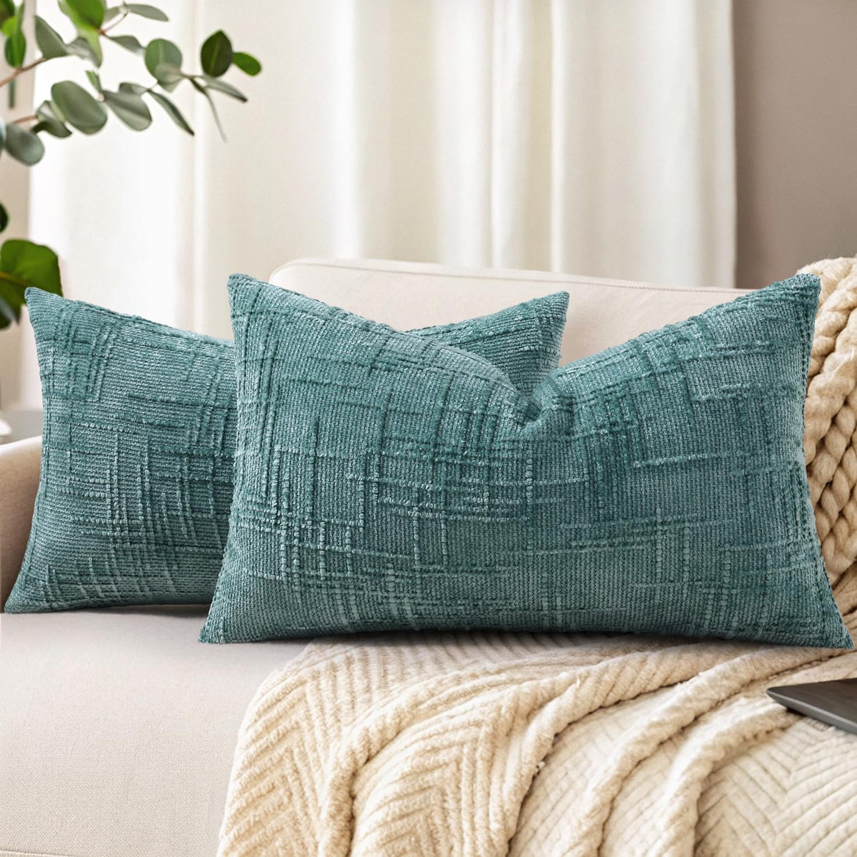 decorUhome Textured Chenille Throw Pillow Covers 18x18 Set of 2 Cream White