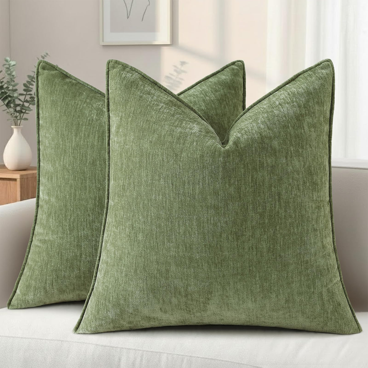 decorUhome Chenille Beige Velvet Throw Pillow Covers 18x18 Set of 2