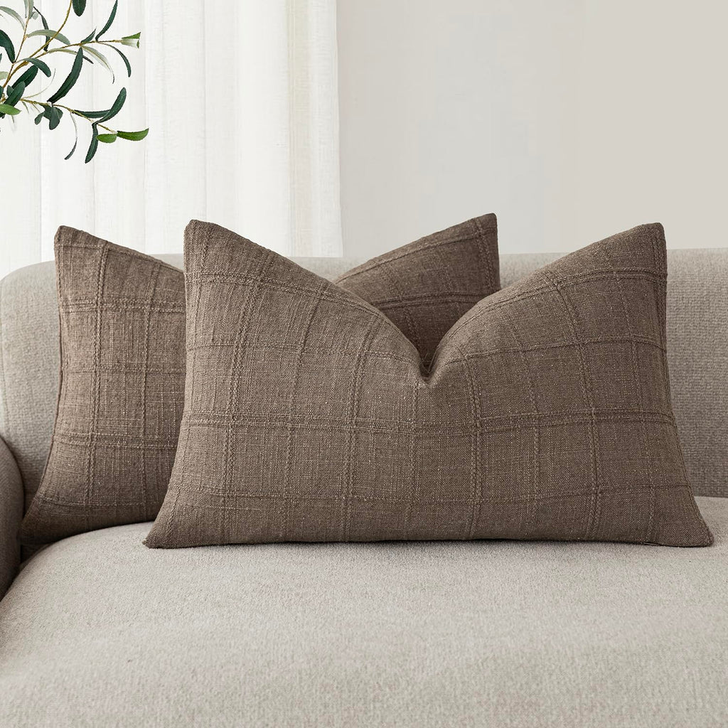 Foindtower Boho Linen Check Decorative Throw Pillow Cover 20×20 Olive Green