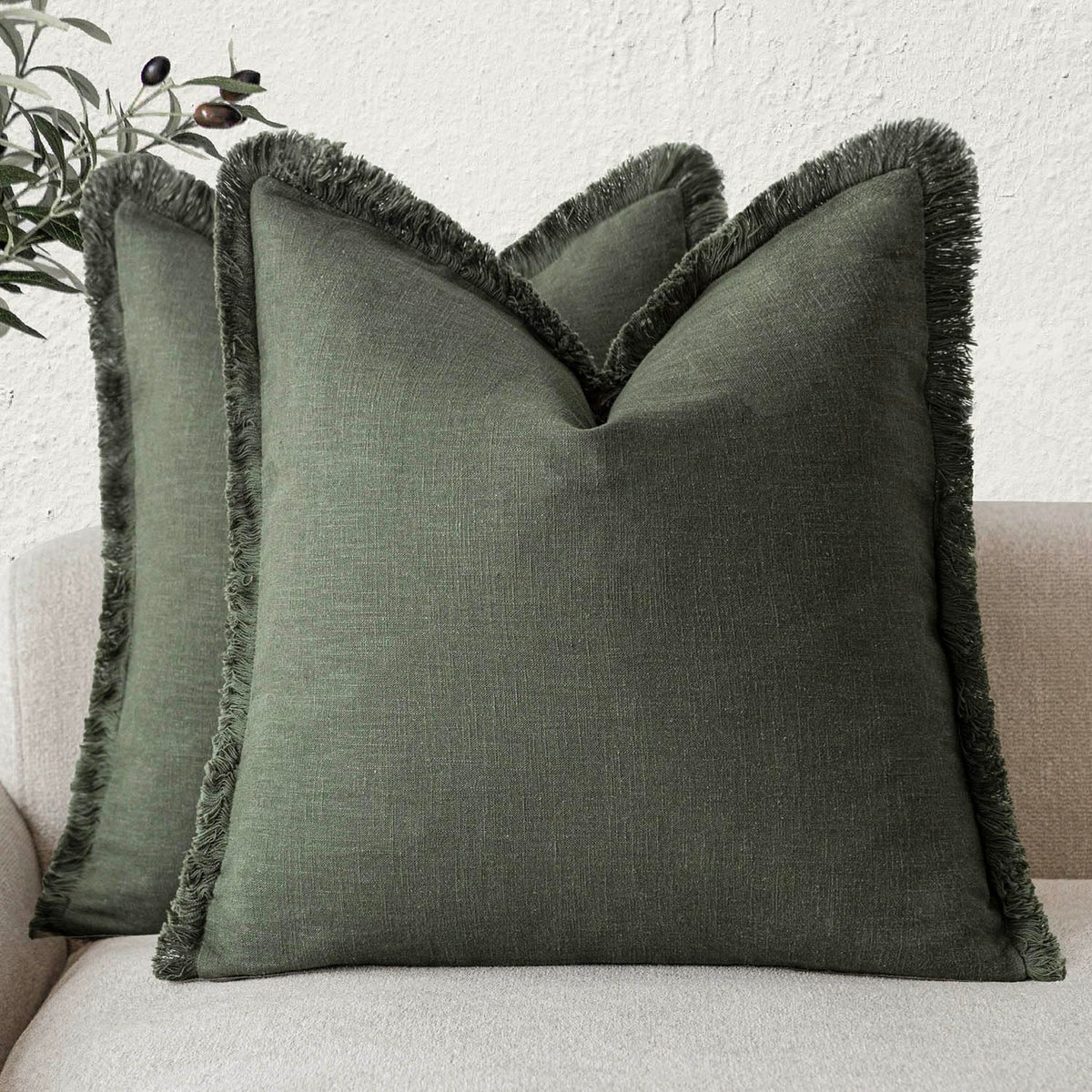Foindtower Decorative Linen Fringe Throw Pillow Covers 18×18 Olive Green